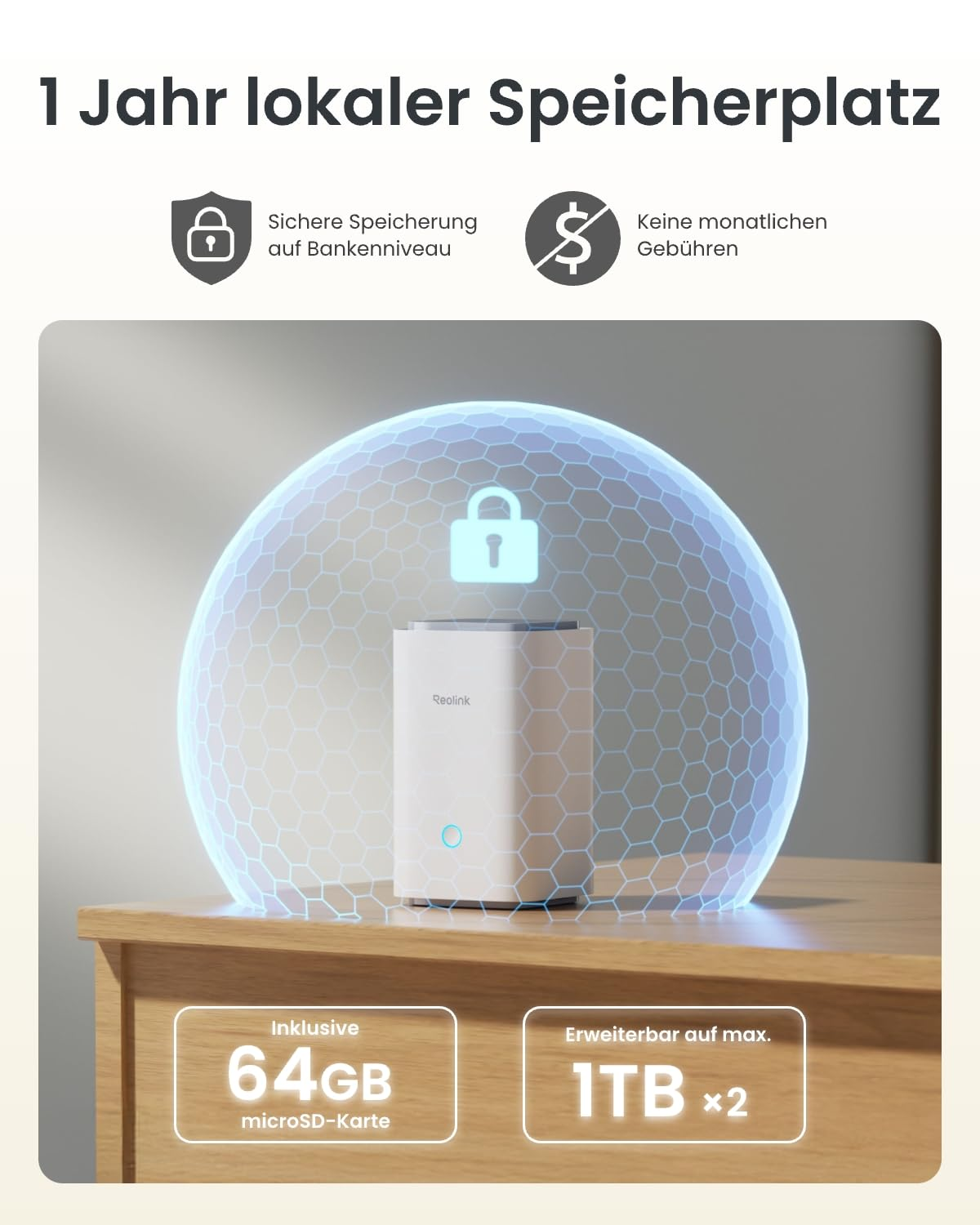 Dispositivo di sicurezza bianco con cupola blu su un tavolo, con archiviazione sicura e senza costi mensili.