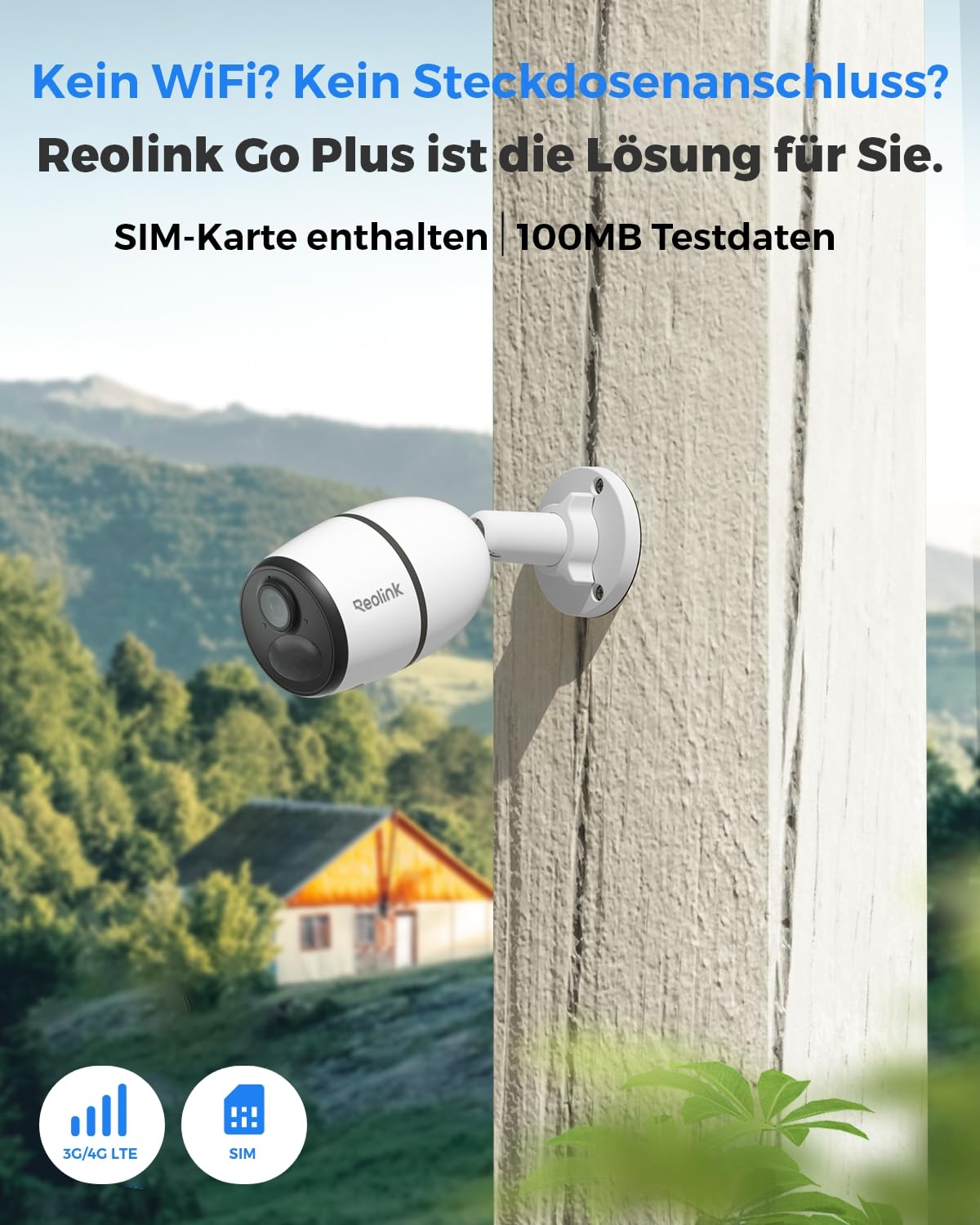 Telecamera di sicurezza impermeabile su palo di legno, con casa sullo sfondo e testo blu.