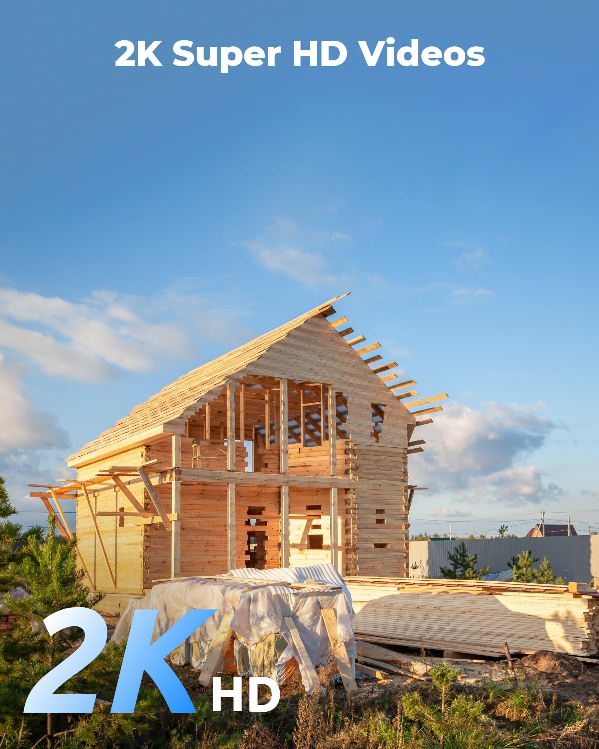 Una casa di legno non finita in costruzione sotto un cielo azzurro con nuvole bianche.