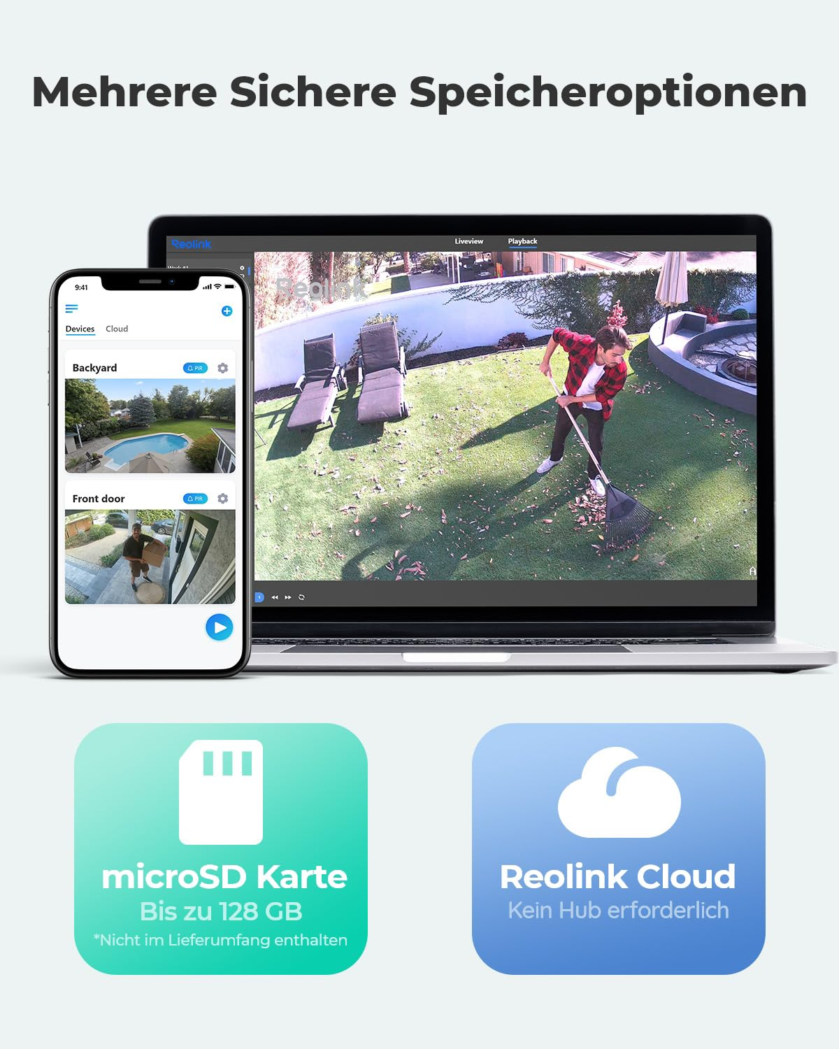 Laptop e smartphone mostrano telecamere, con icone di scheda microSD e cloud in basso.