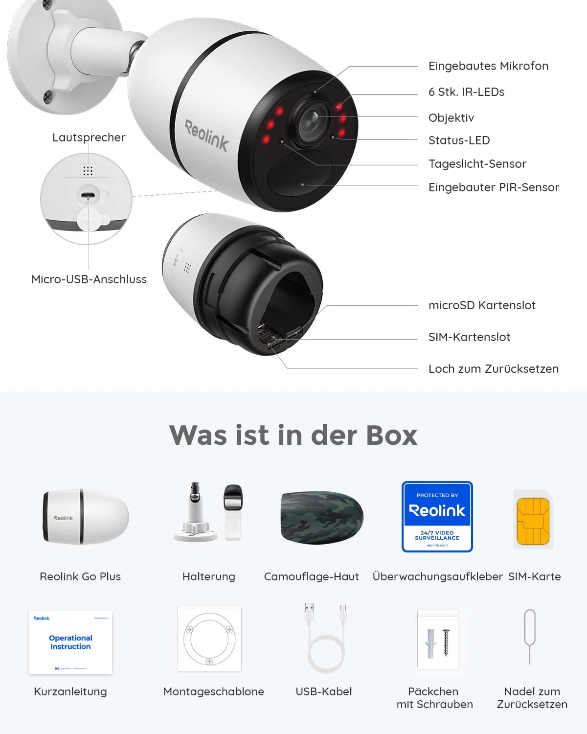 Diagramma di una telecamera di sicurezza Reolink con parti etichettate e contenuto.