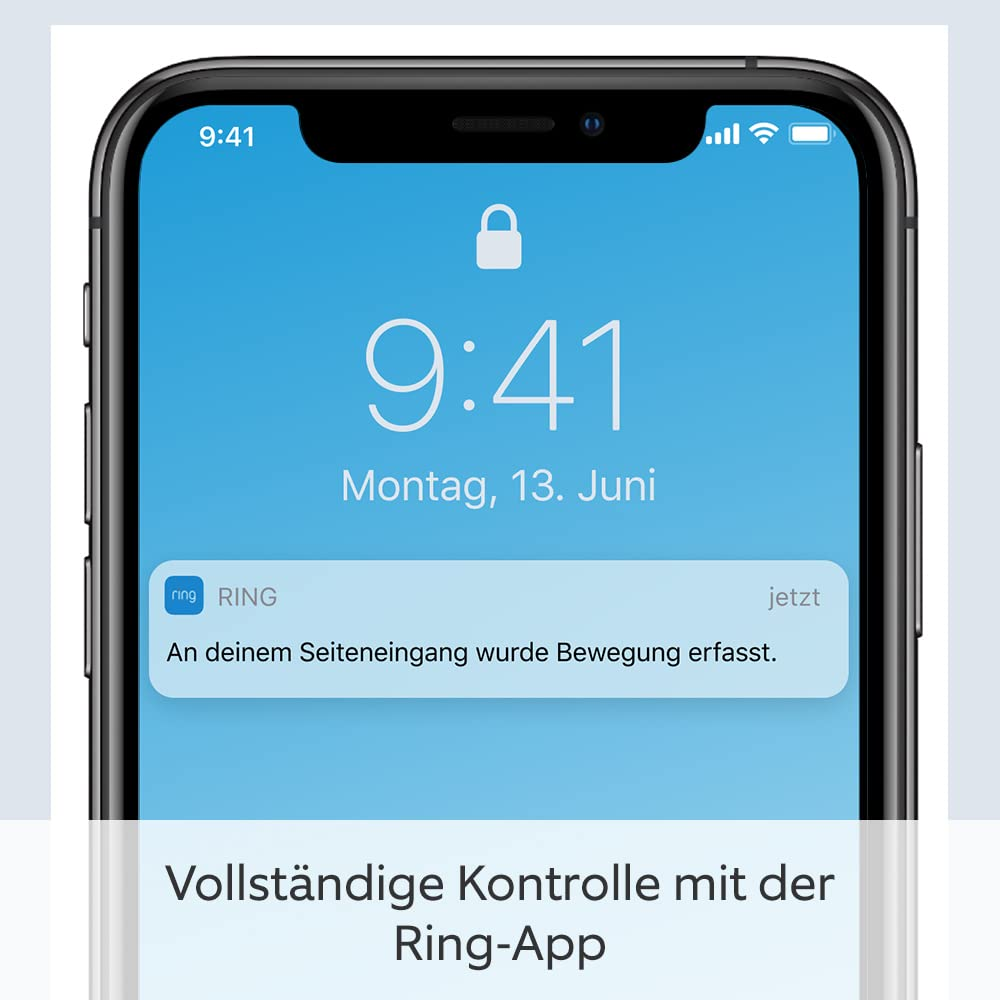 Schermo di uno smartphone con notifica di movimento Ring e testo in tedesco.