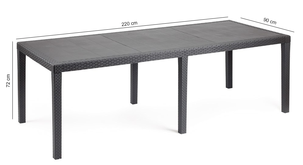Długi, ciemnoszary stół ogrodowy z rattanu o wymiarach: 220 cm długości, 90 cm szerokości i 72 cm wysokości.