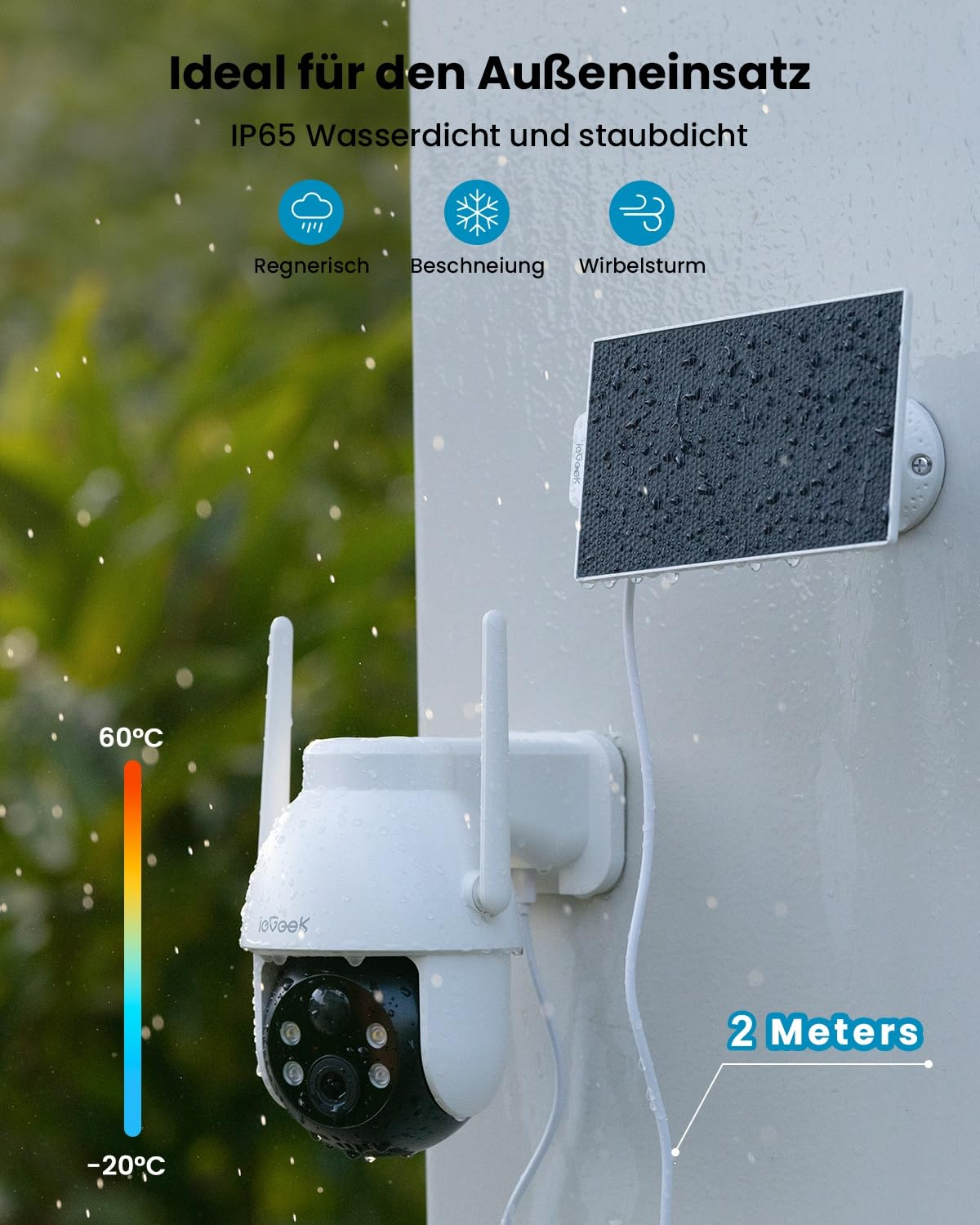 Telecamera di sicurezza e pannello solare a muro con pioggia e testo in tedesco.
