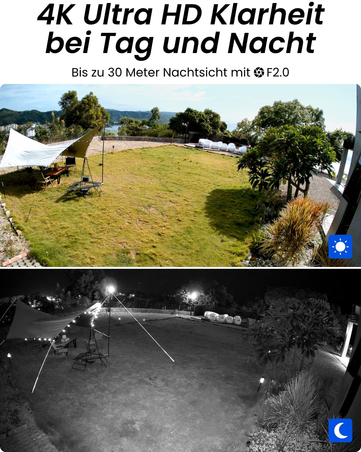 Confronto di un giardino verde di giorno con la luce solare e di notte in bianco e nero con visibilità chiara.