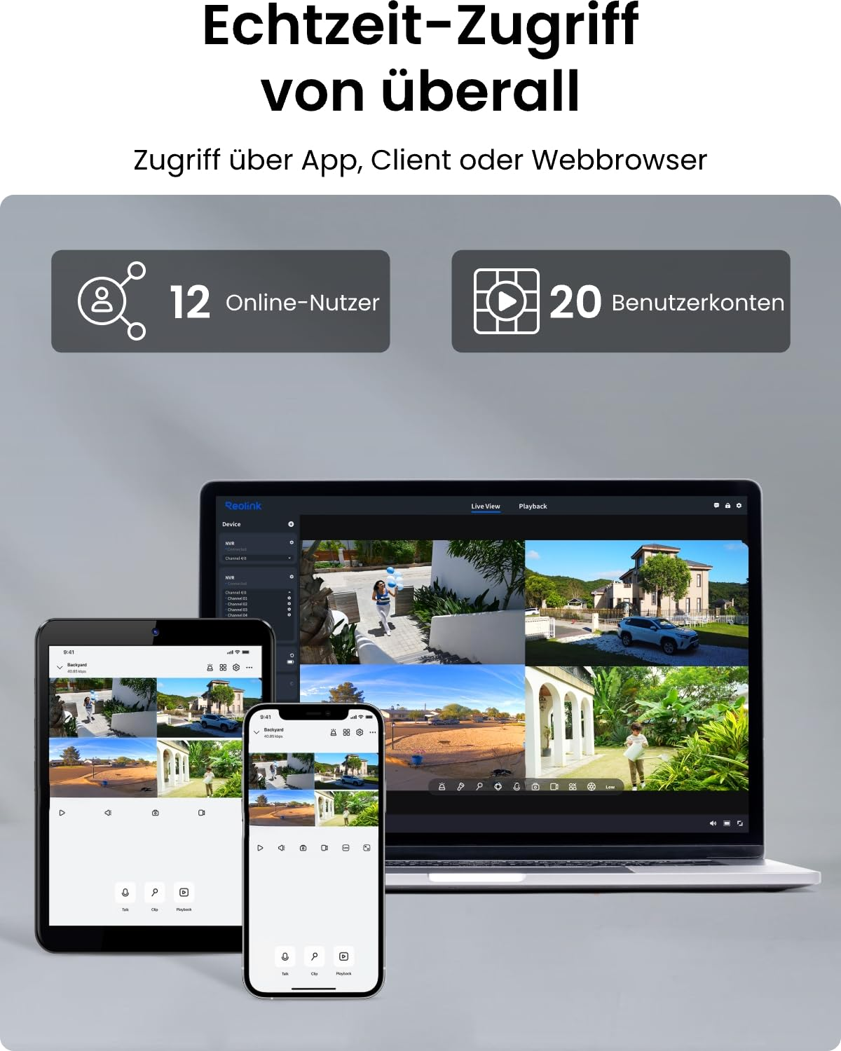 Laptop, tablet e smartphone mostrano un'app di sorveglianza con feed video in diretta.