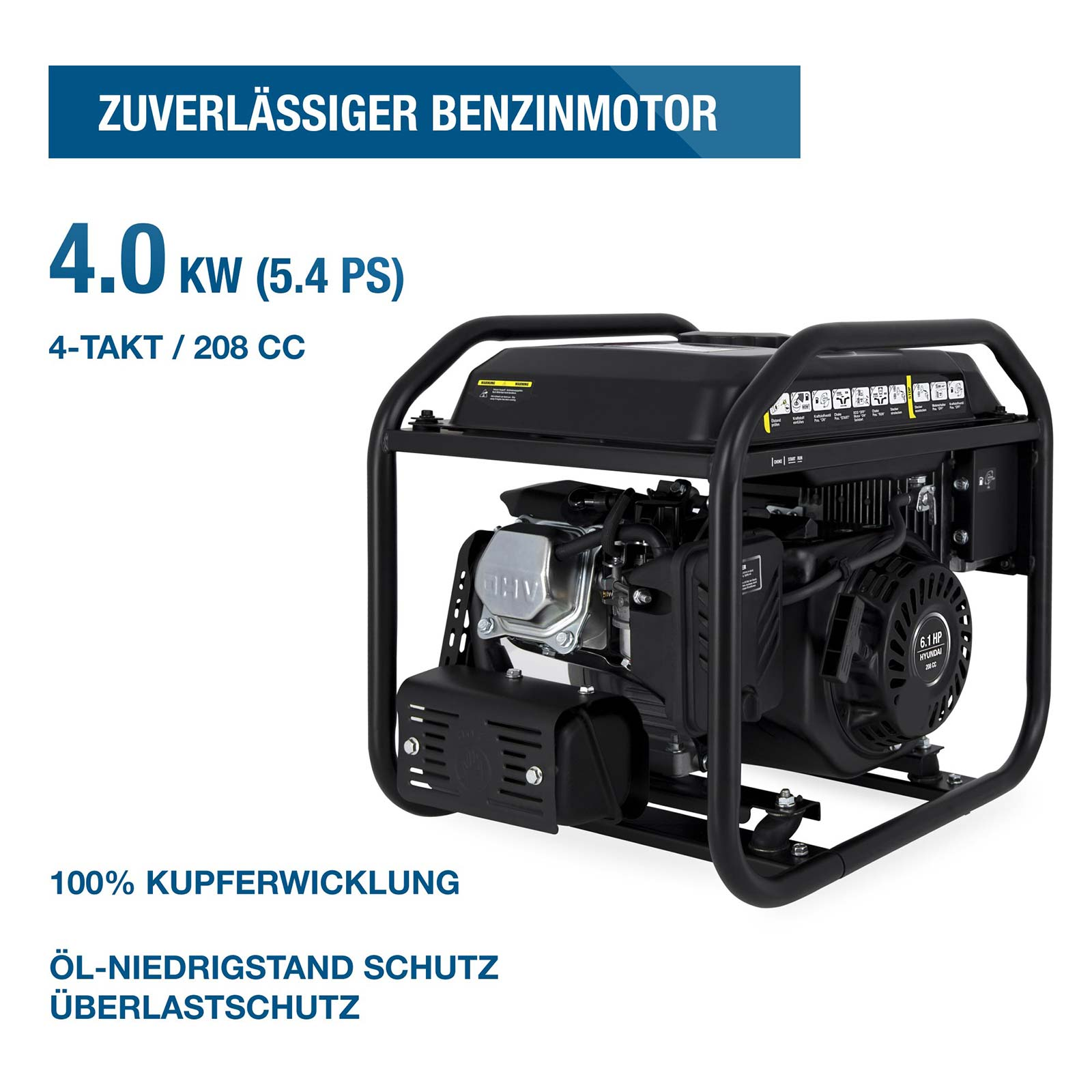 Schwarzer Benzingenerator mit Texten wie 4.0 kW und 100% Kupferwicklung auf weißem Hintergrund.