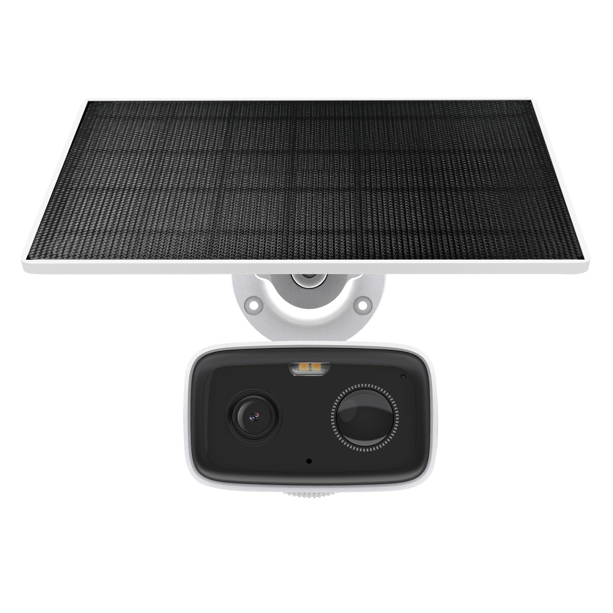 Una telecamera di sicurezza bianca con pannello solare nero rettangolare montato sopra.