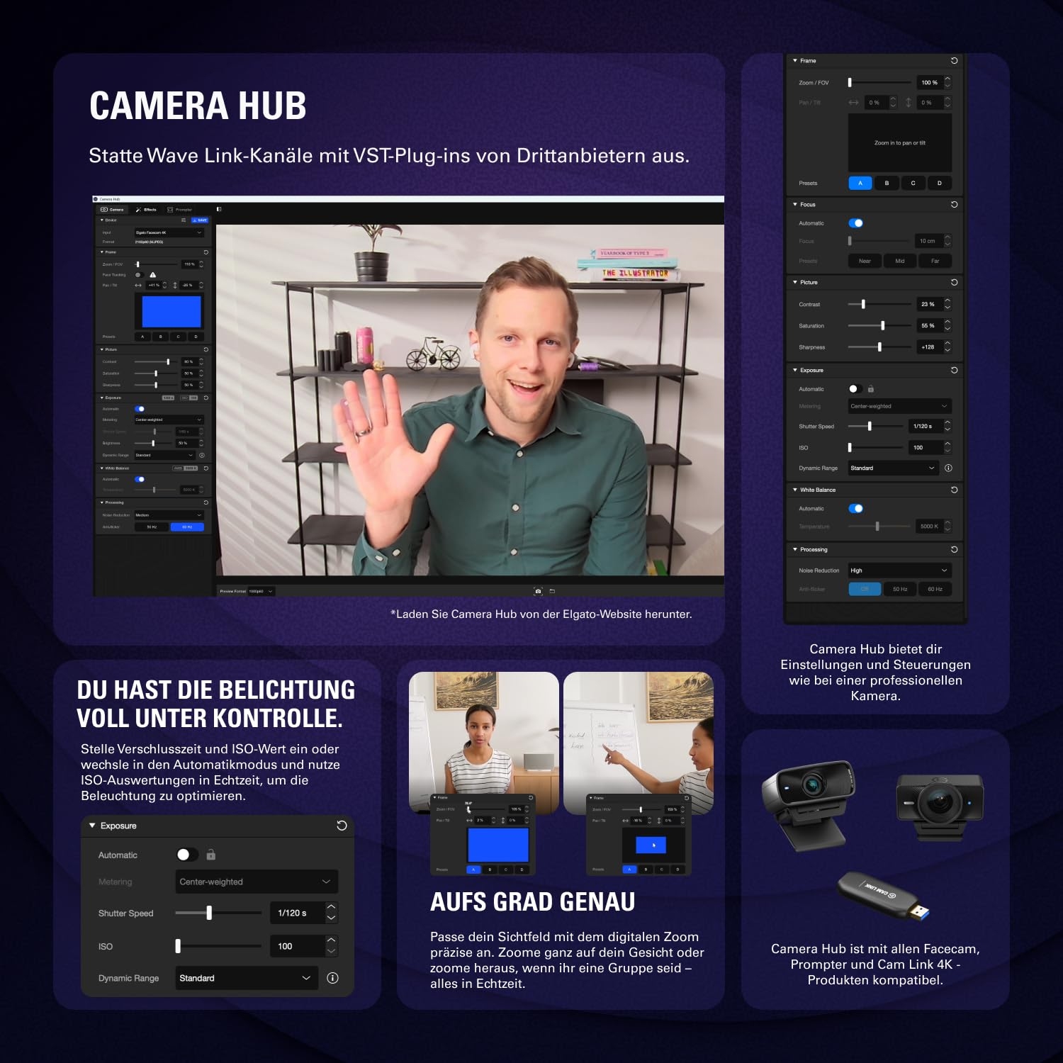 Schermata del software Camera Hub con controlli ed esempi di impostazioni video e hardware.