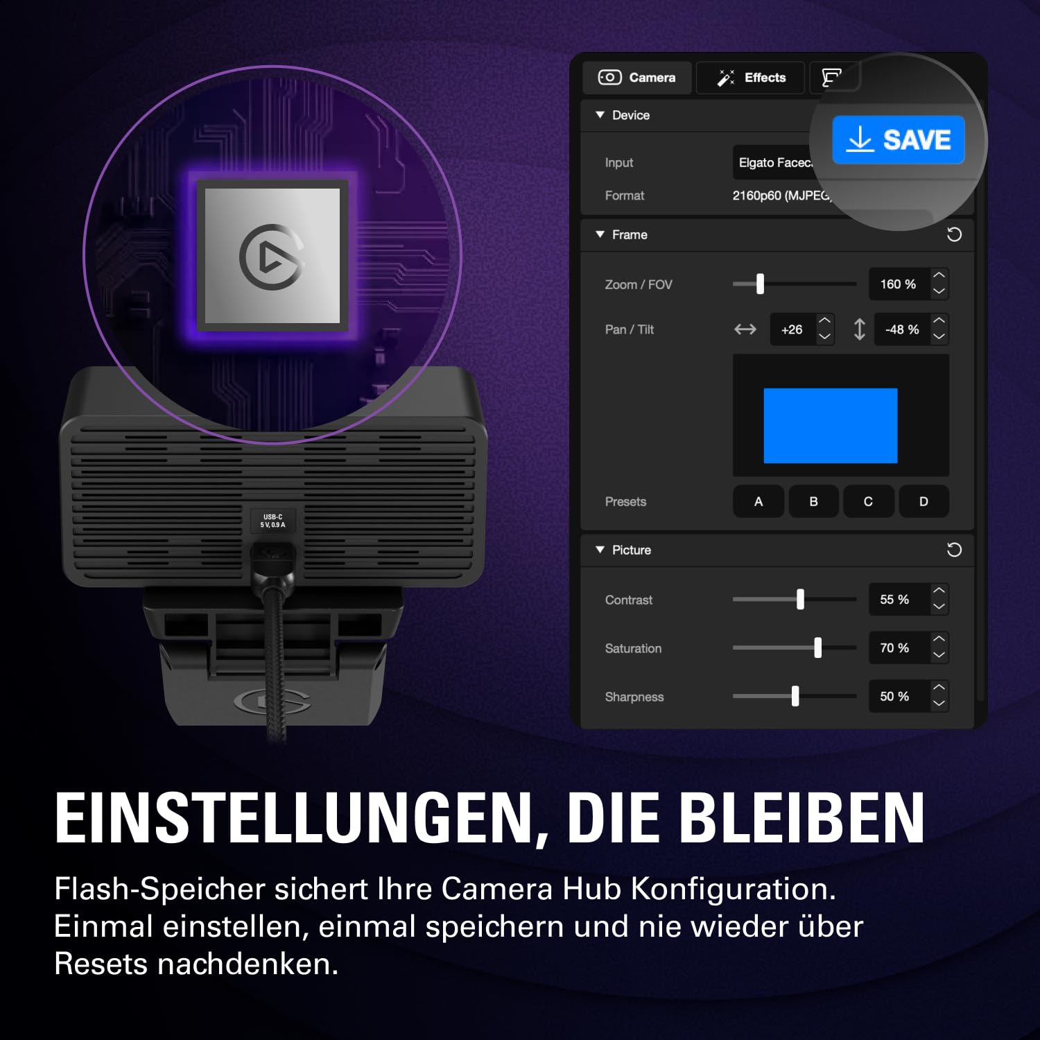 Webcam Elgato con pannello di controllo software per zoom, colore e impostazioni.