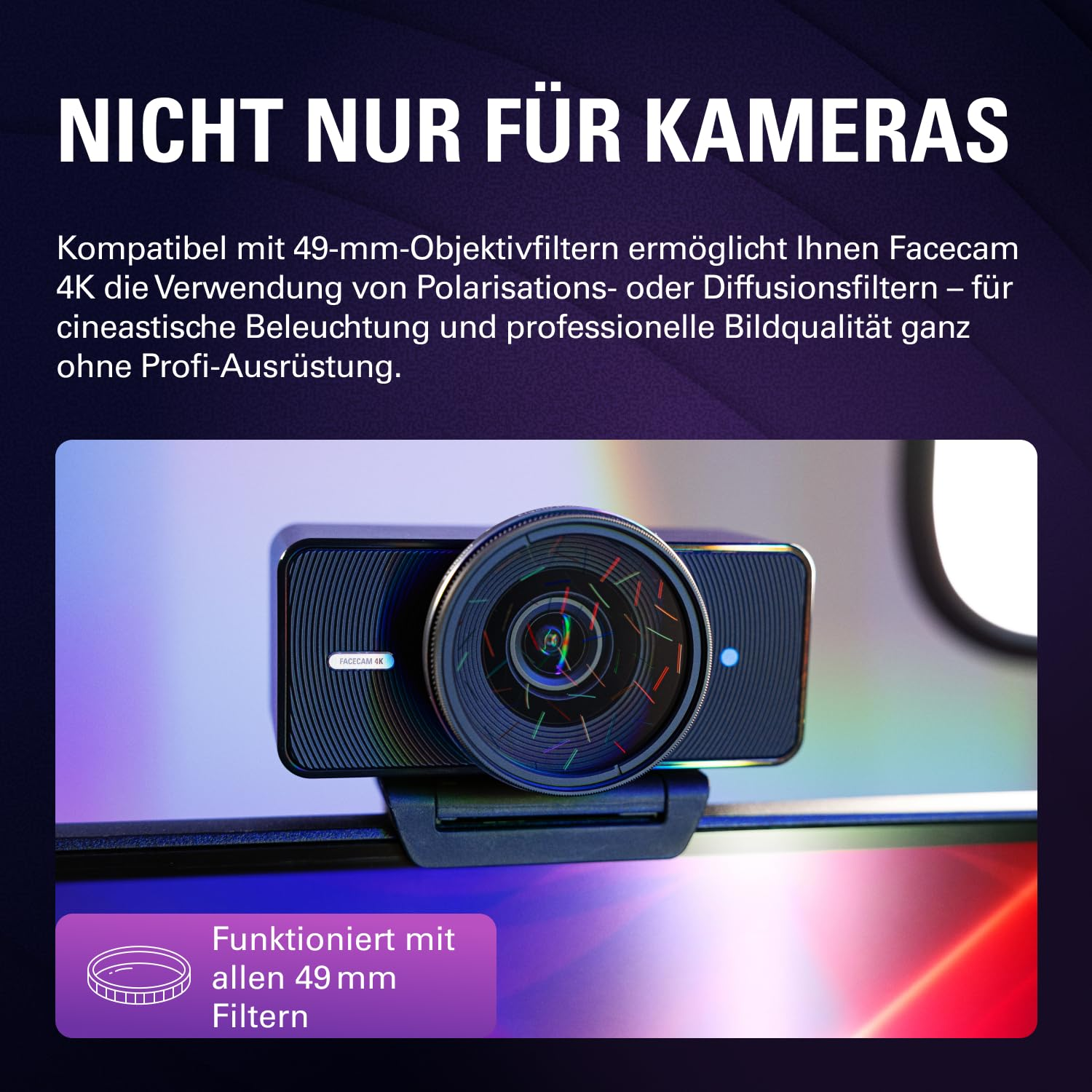 Facecam 4K con filtro da 49 mm attaccato su un monitor di fronte a uno sfondo colorato.