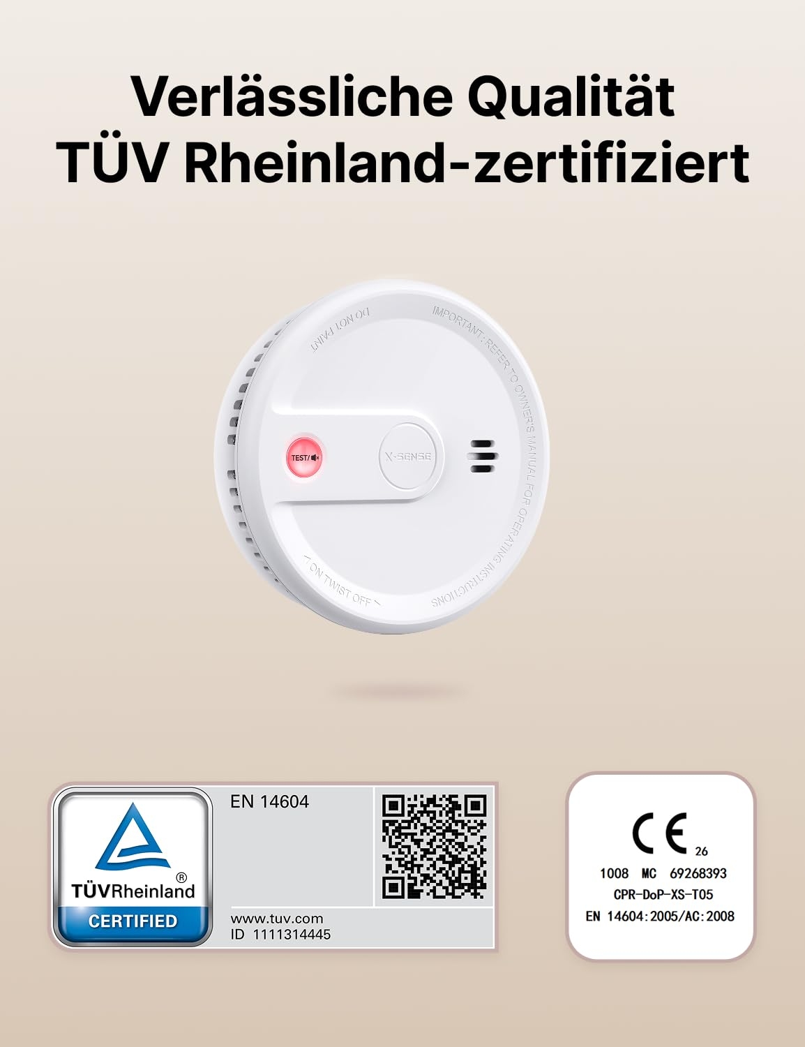 Wiederverwendbarer Rauchmelder mit TÜV-Zertifizierung und Prüfsiegeln auf hellem Hintergrund.
