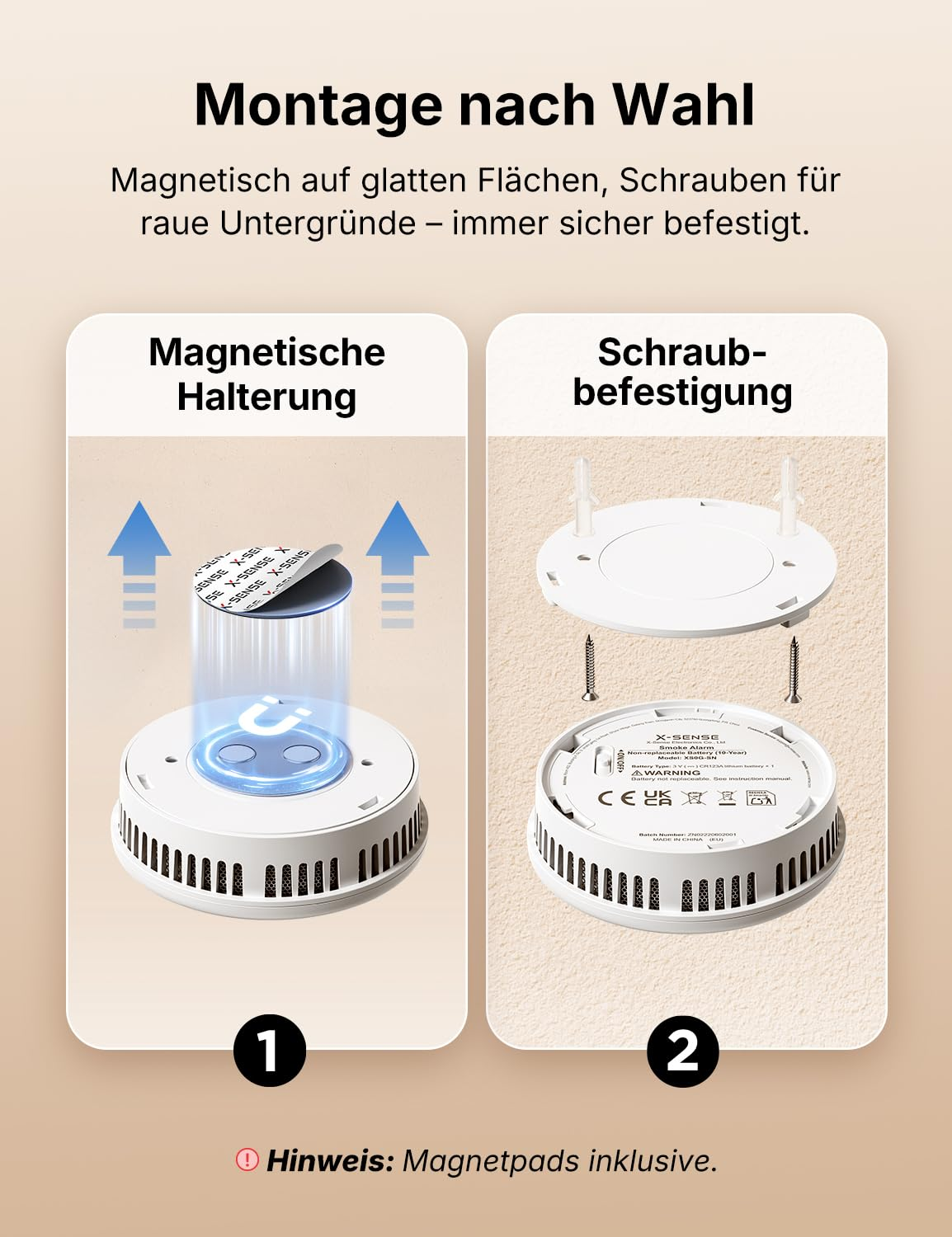 Vergleich zweier Montagearten für Rauchmelder: magnetisch oder per Schraube auf beigem Hintergrund.