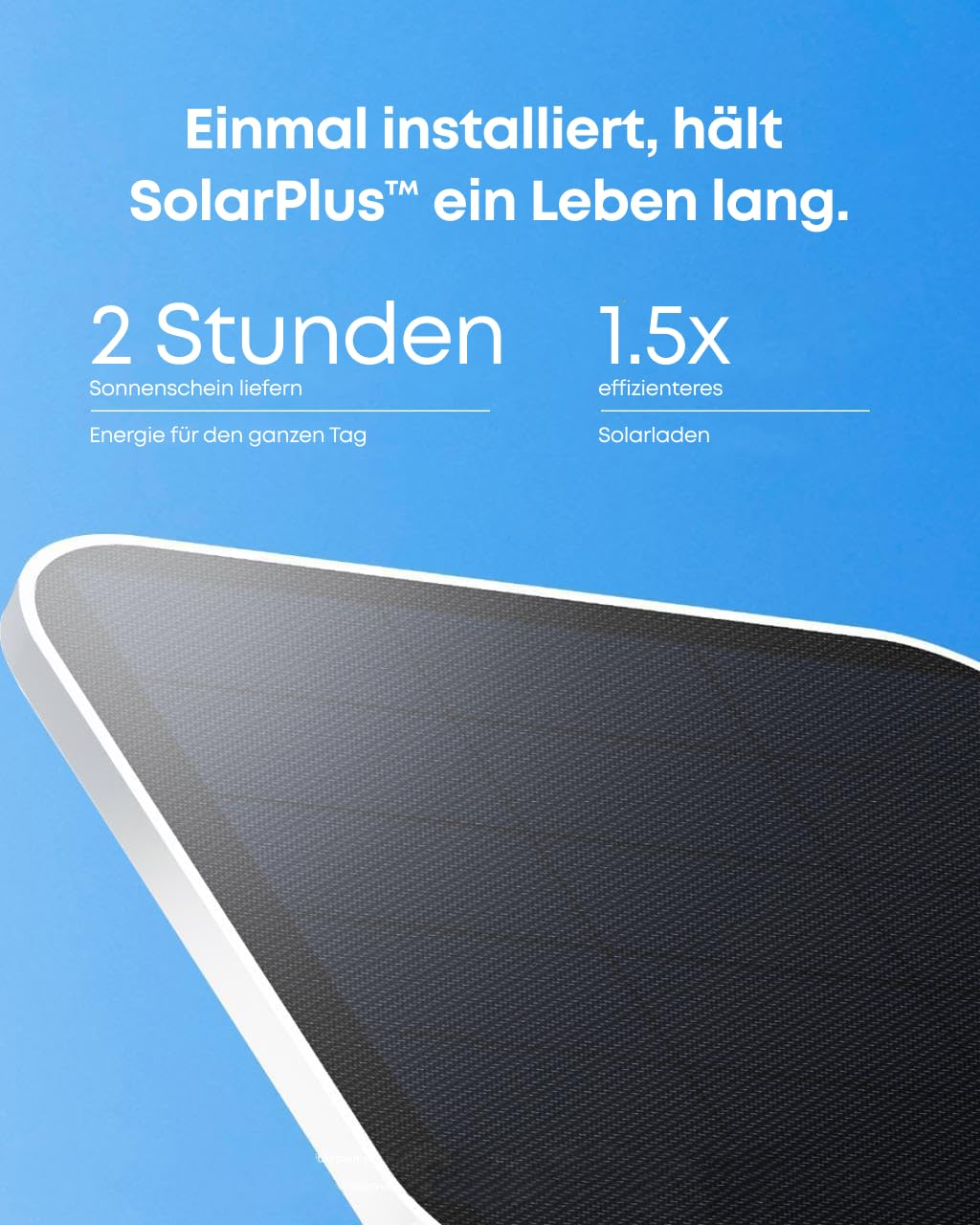 Pannello solare su sfondo blu con testo promozionale in tedesco su durata ed efficienza.