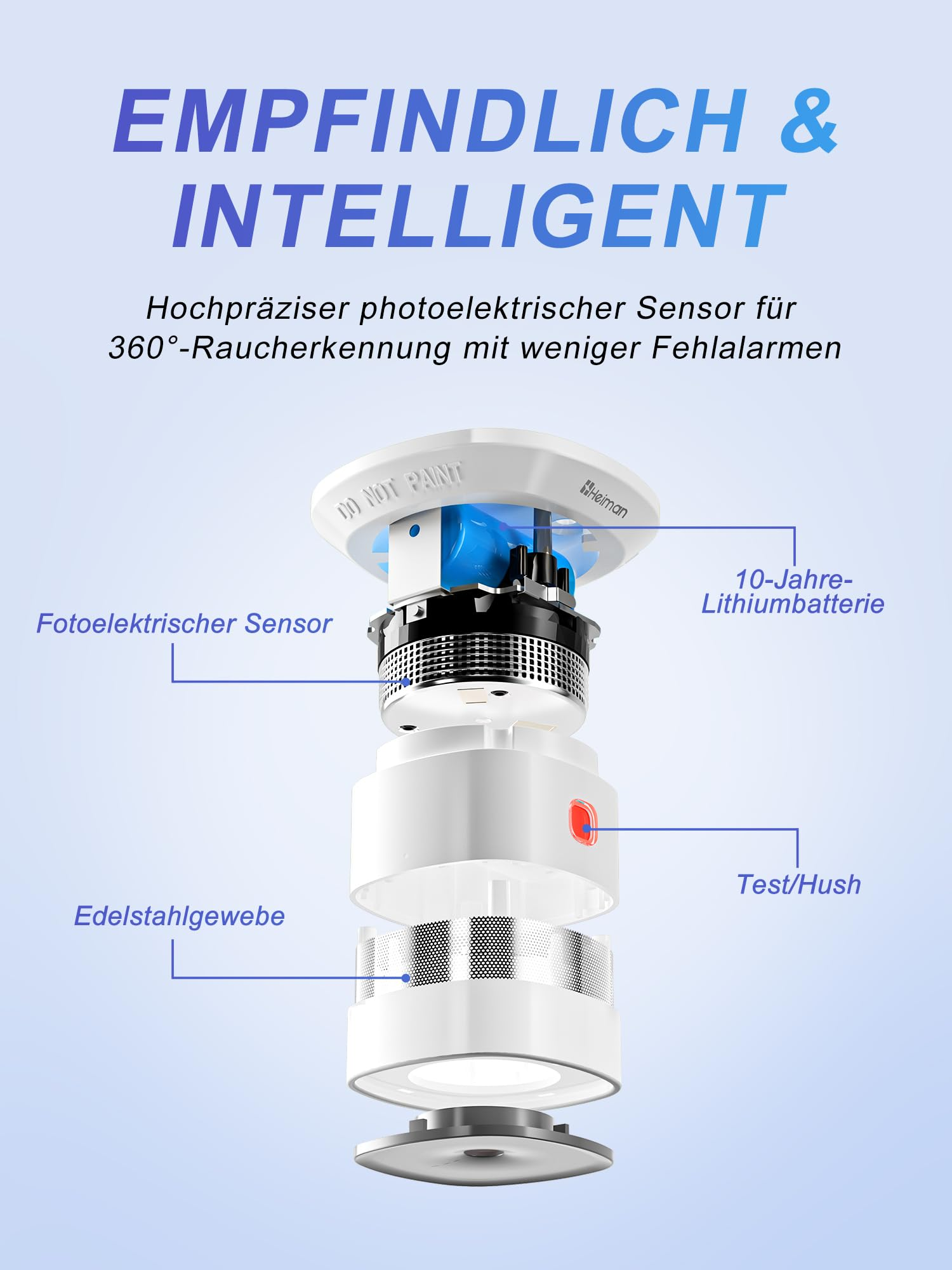 Explosionszeichnung eines Rauchmelders mit Sensor, Batterie und Netzteilen mit deutscher Beschriftung.