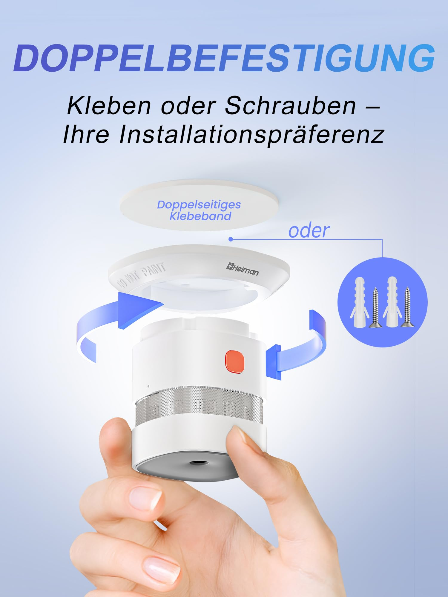 Eine Hand hält einen weißen Rauchmelder und zeigt die Montageoptionen mit Klebeband oder Schrauben.