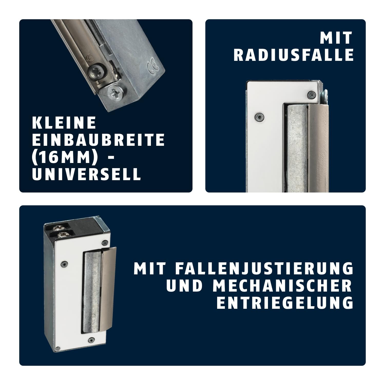 Drei Metall-Türöffnerkomponenten vor dunklem Hintergrund mit deutschem Text.
