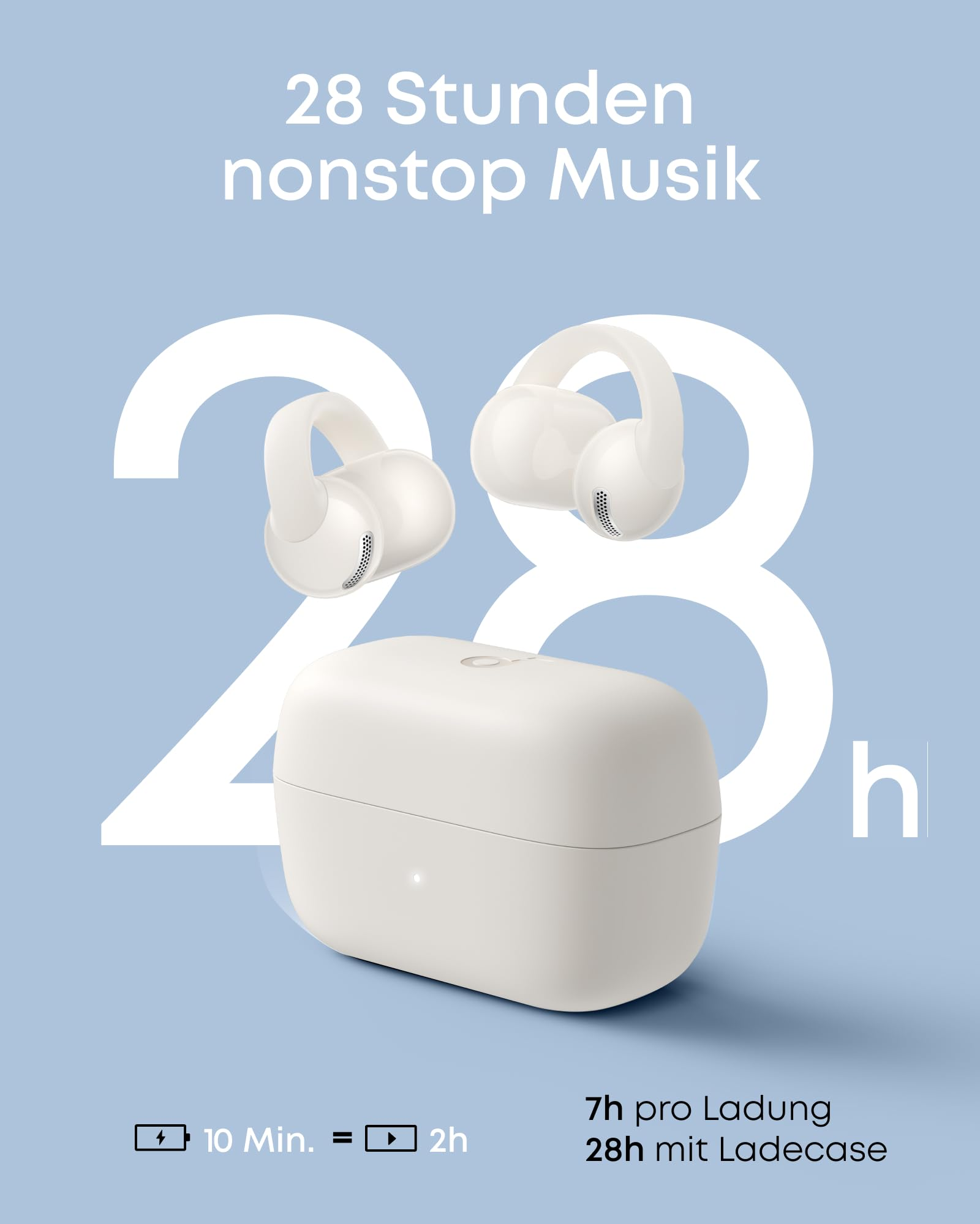 Weiße In-Ear-Kopfhörer mit Ladecase vor blauem Hintergrund und Text über Batterielaufzeit.