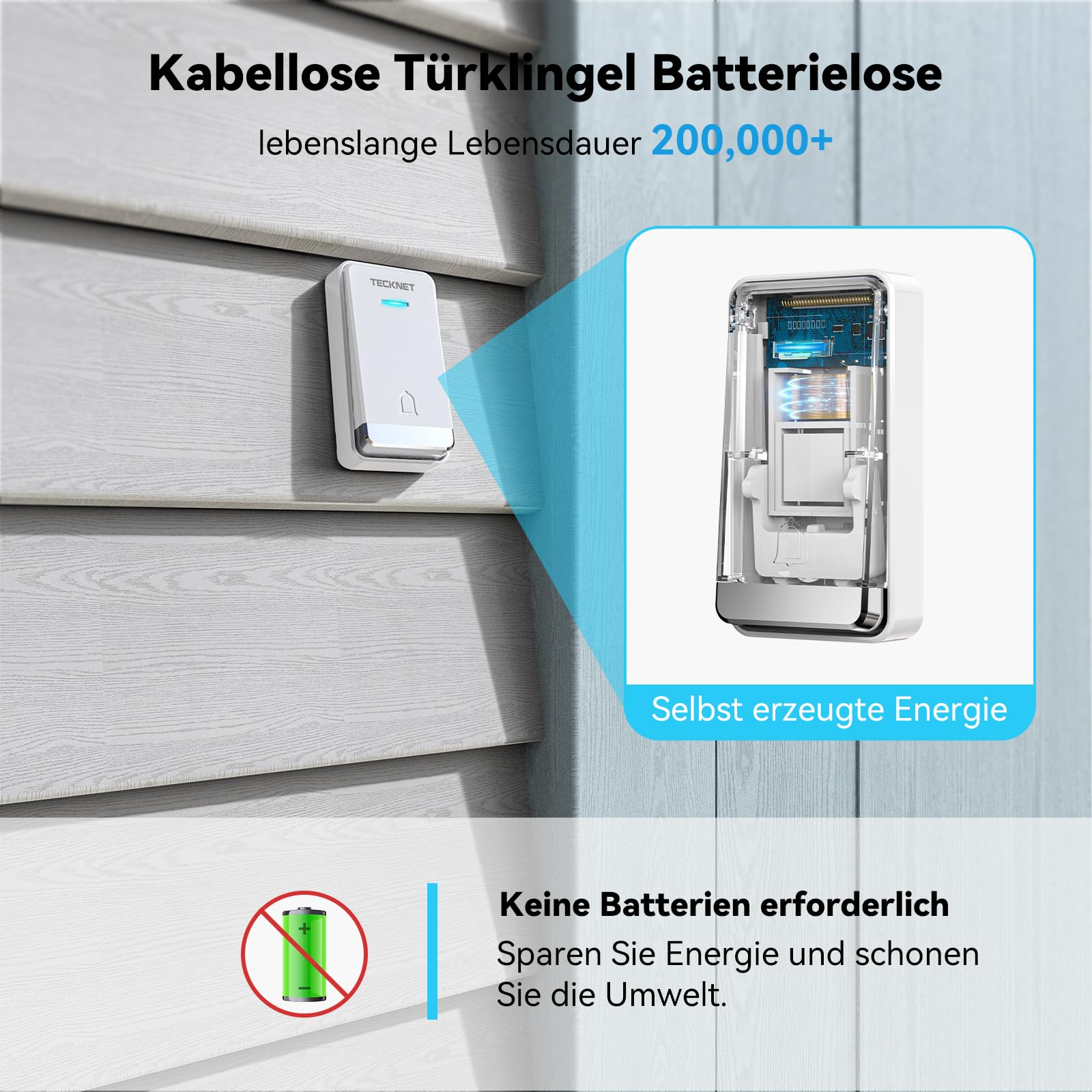 Kabellose, batterielose Türklingel mit selbst erzeugter Energie und Texten auf Deutsch.