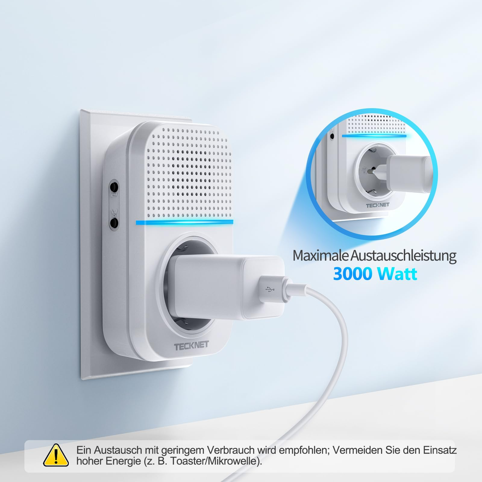 Tecknet Steckdose mit USB-Ladekabel, Inset mit max. Austauchleistung 3000 Watt und Warnhinweis.