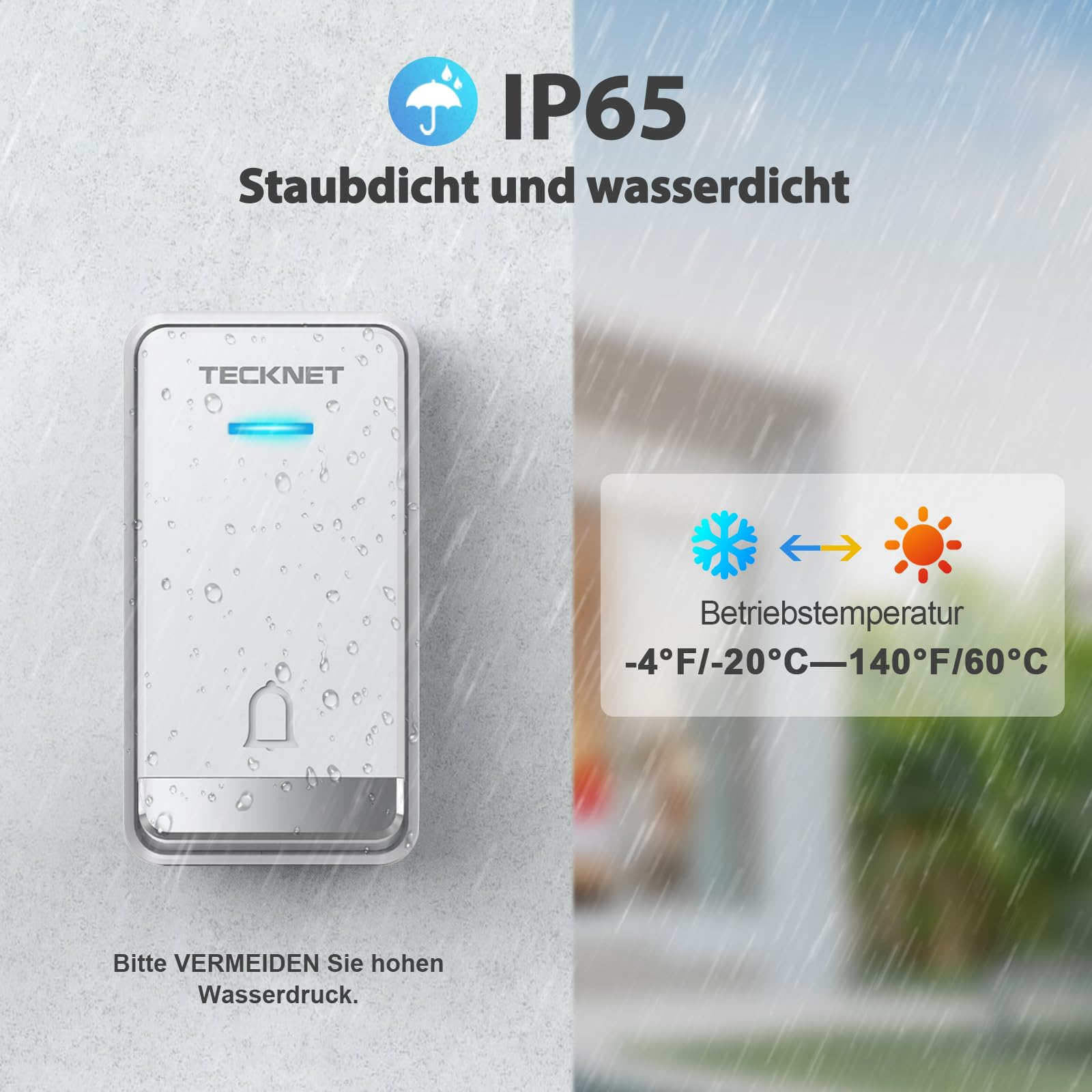 Wasserdichte IP65 TeckNet-Türklingel mit Betriebstemperatur von -20°C bis 60°C im Regen.