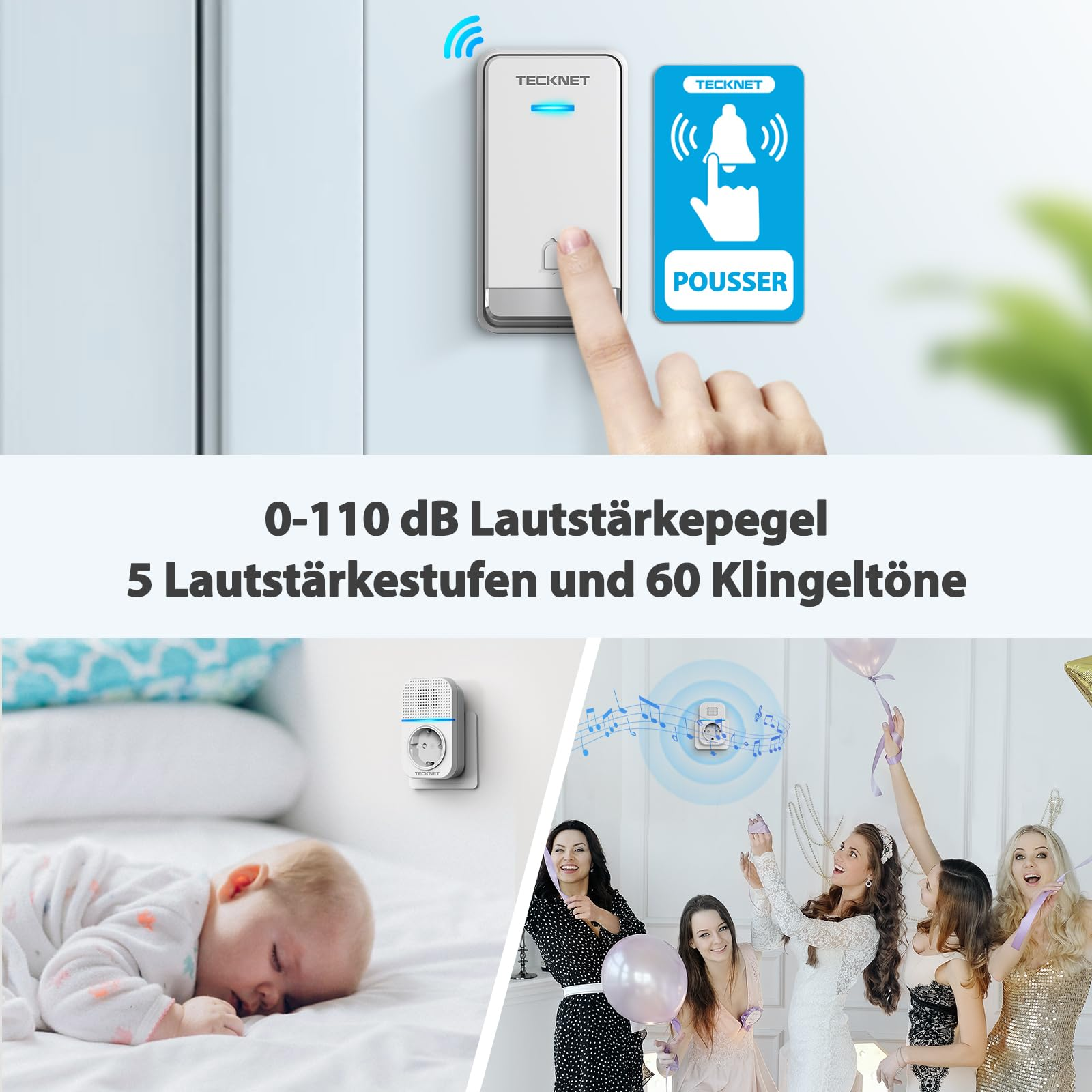 TeckNet Funkklingel mit einstellbarer Lautstärke und Klingeltönen.