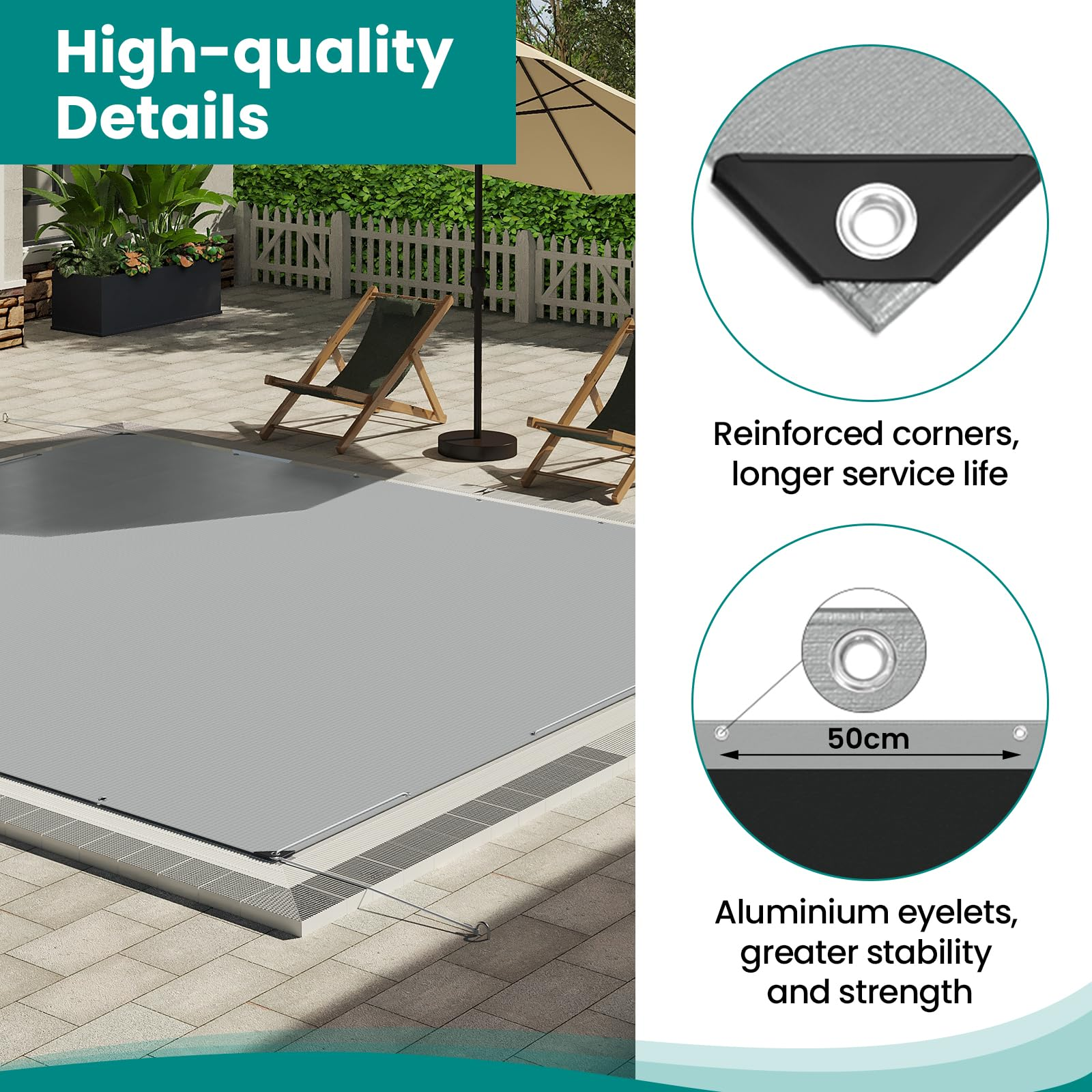 Graue Poolabdeckung mit verstärkten Ecken und Aluminiumösen, über einem Swimmingpool mit zwei Liegestühlen.