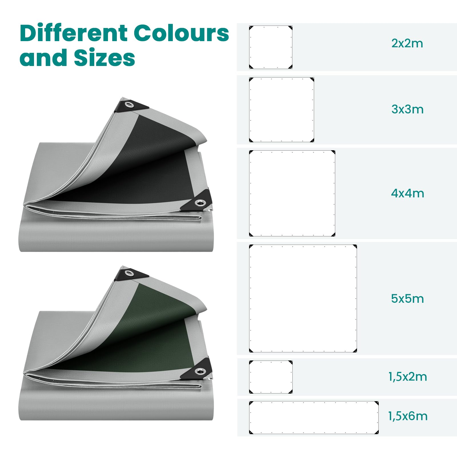Verschiedene Farben und Größen von Schutzplanen mit Größenangaben.