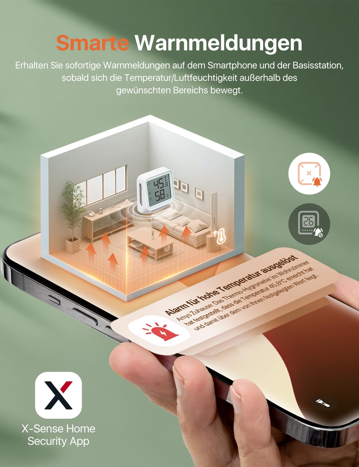 Smartphone avec appli de capteurs montrant une alerte sur un salon miniature.