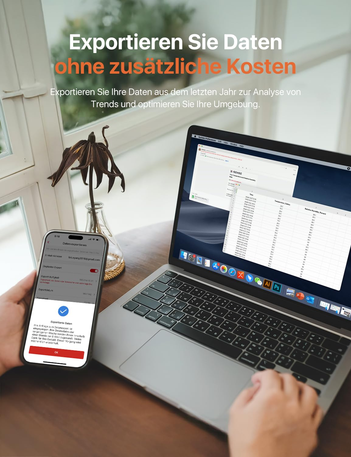 Un ordinateur portable et un smartphone affichent des écrans d'exportation de données sur un bureau.