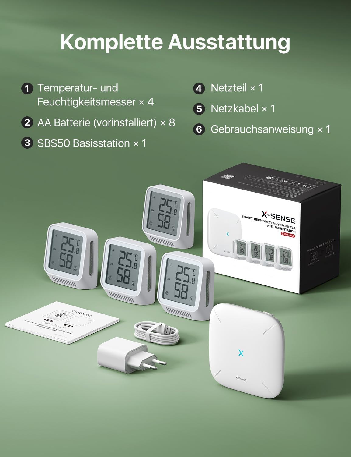 Contenu du pack avec quatre thermomètres, station de base, adaptateur secteur, câble et manuel.