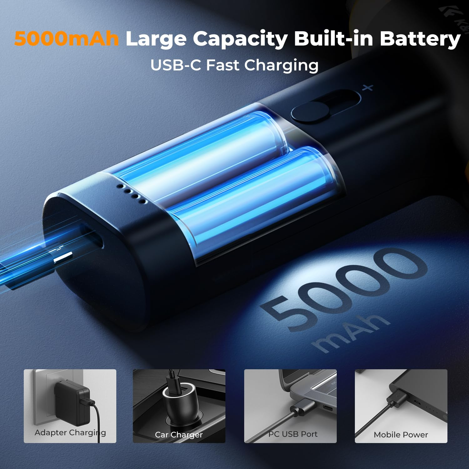 Batteria integrata da 5000 mAh con ricarica USB-C e quattro opzioni sotto.