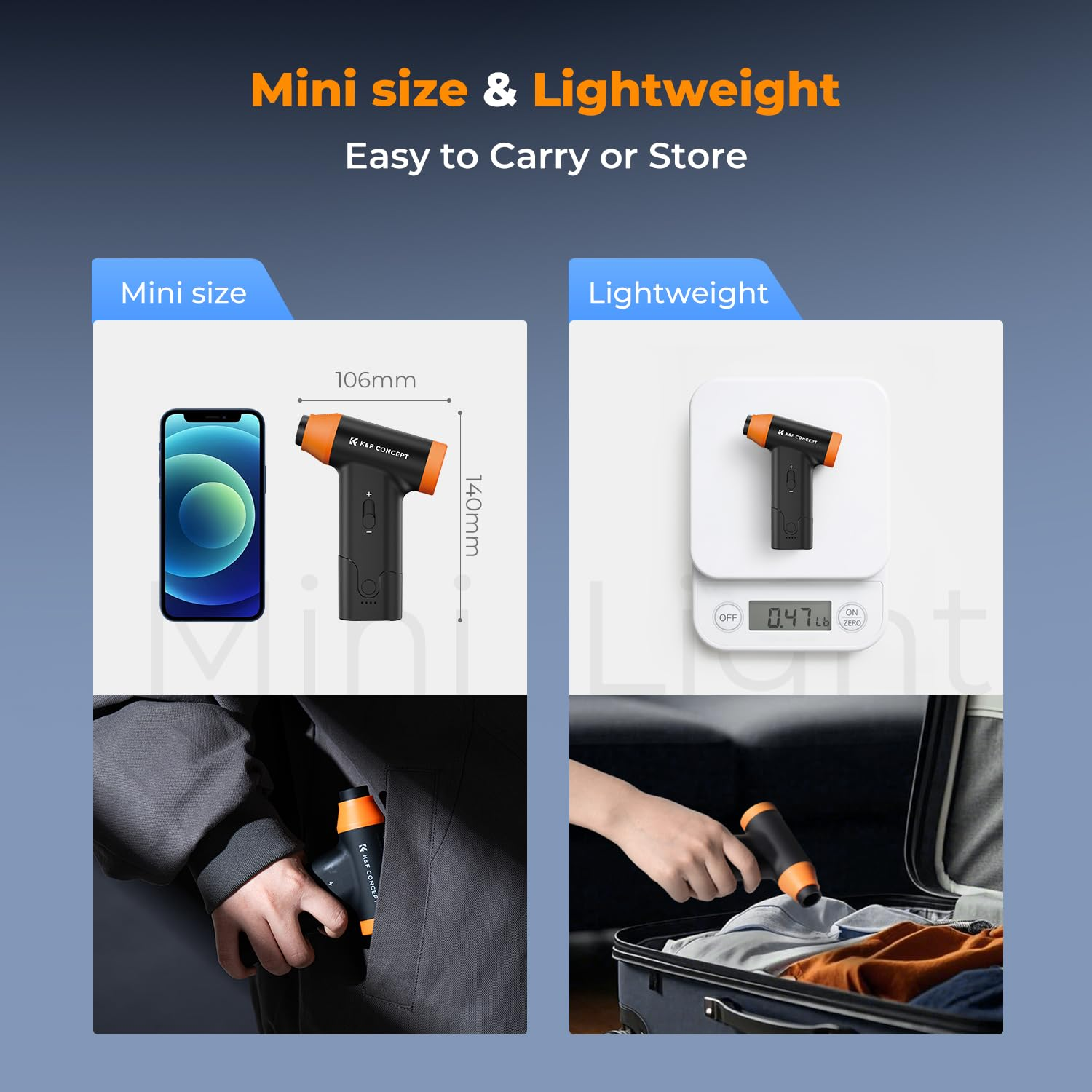 Mini pompa d'aria compatta e leggera mostrata accanto a uno smartphone, su una bilancia e in valigia.