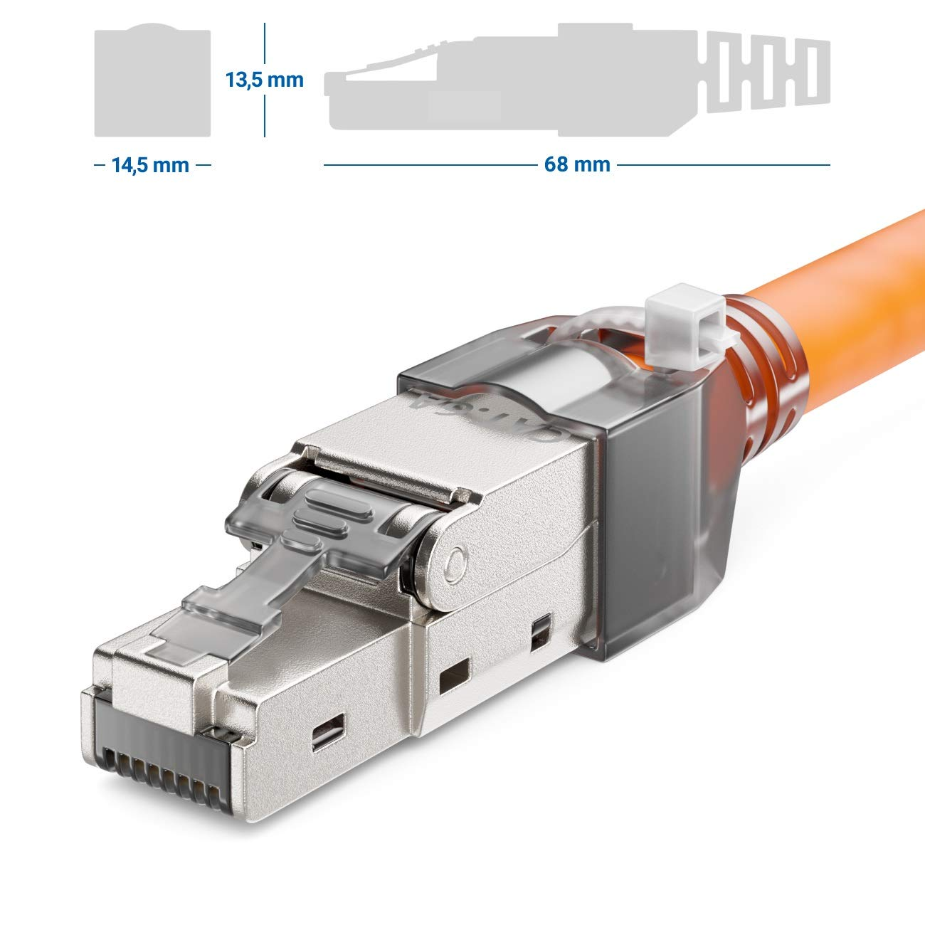 Ein oranges Netzwerkkabel mit Metall-RJ45-Stecker und Maßangaben.