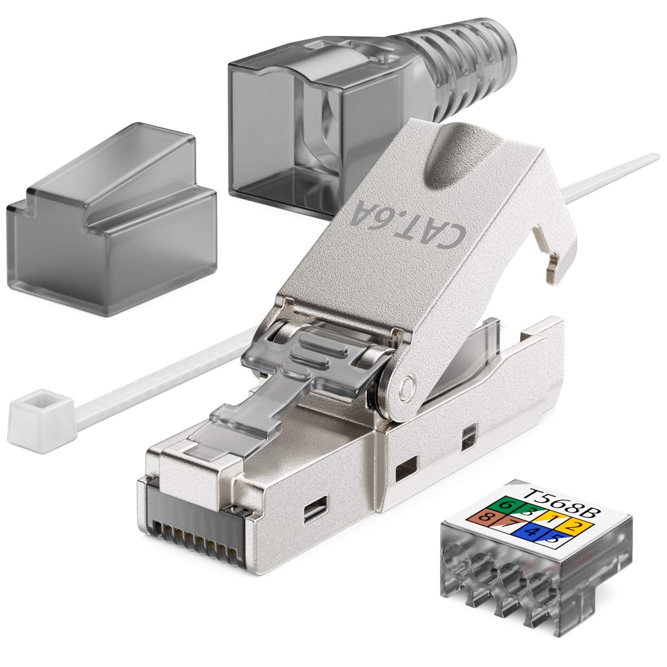 Metallener Cat.6A RJ45-Stecker mit Zubehör wie Kappe und Farbcode-Einsatz auf weißem Hintergrund.