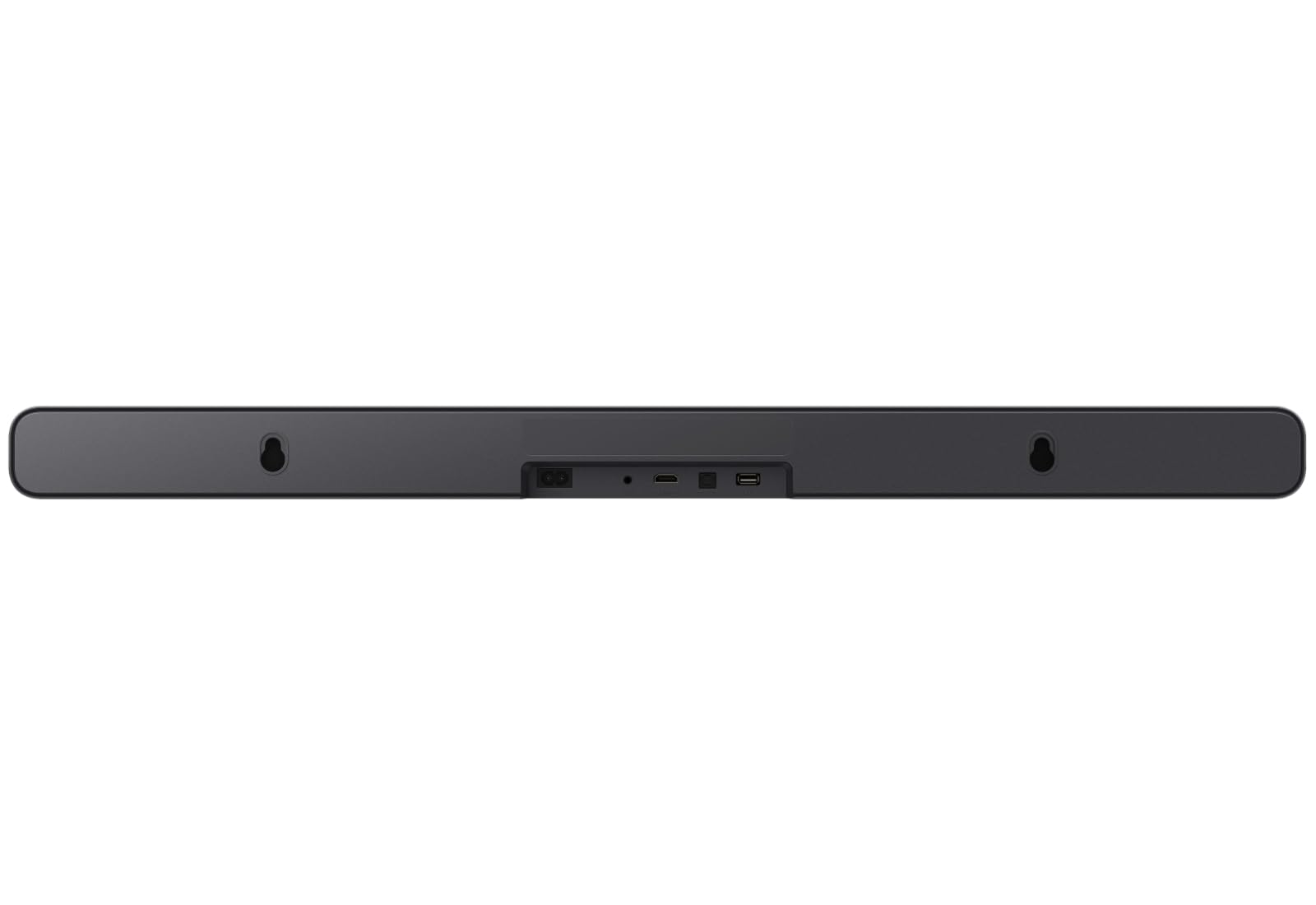Rückansicht einer schwarzen Soundbar mit Wandhalterungen und zentraler Aussparung mit Anschlüssen.