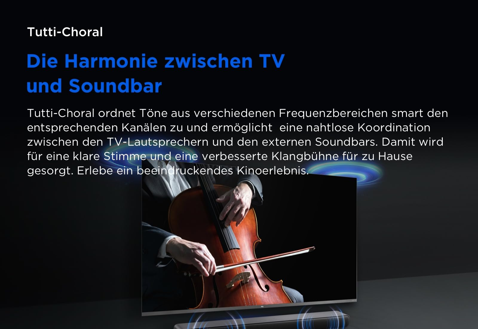 Ein Fernseher zeigt einen Cellospieler, unten ist eine Soundbar zu sehen. Deutscher Text oben.