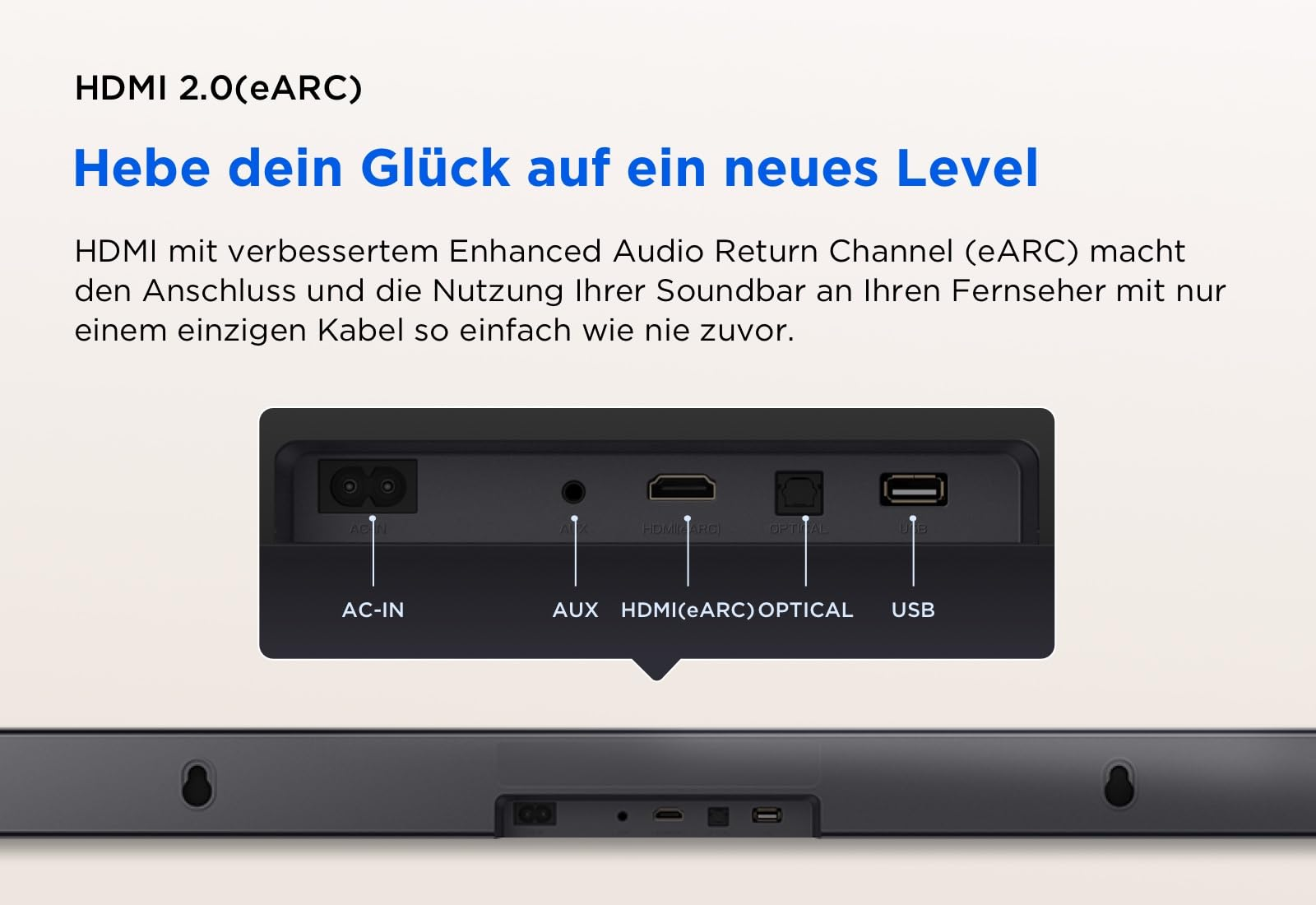 Rückseite einer Soundbar mit Anschlüssen wie AC-IN, AUX, HDMI eARC, Optical und USB.