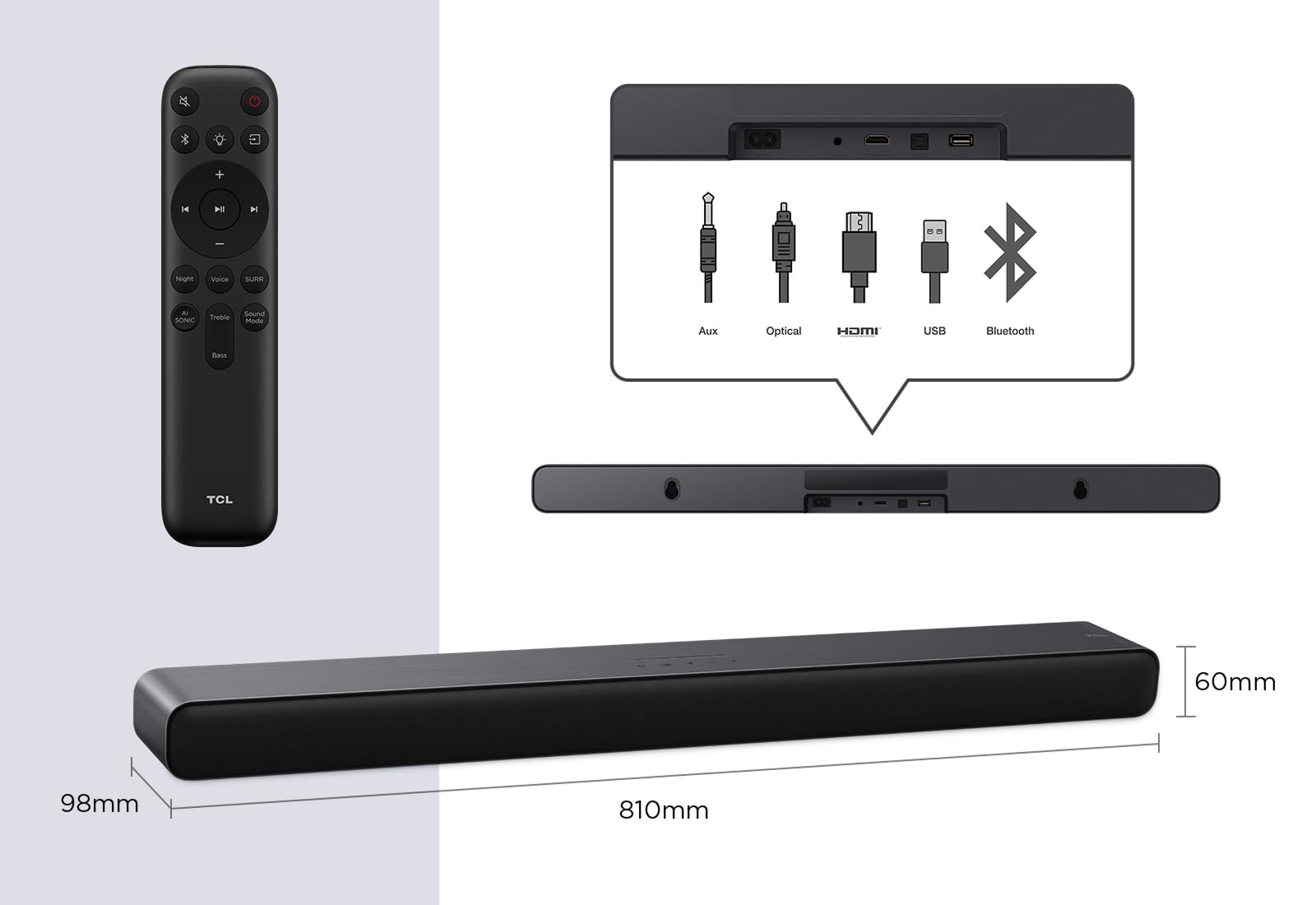 Eine schwarze TCL-Soundbar mit Fernbedienung, Maßen und Rückanschlüssen für Aux, Optical, HDMI, USB und Bluetooth.