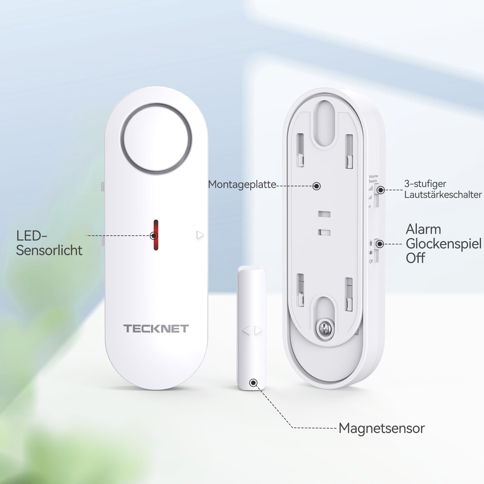 Schema di un sensore magnetico TeckNet bianco con etichette per luce LED e volume.