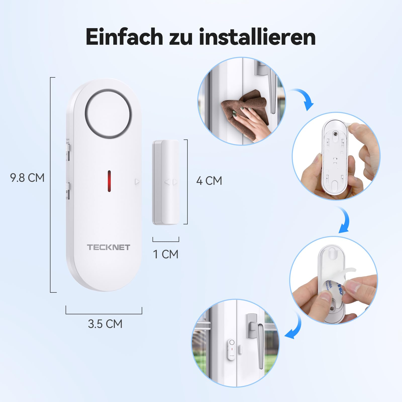 Guida per installare l'allarme TeckNet, con dimensioni e illustrazioni passo dopo passo.
