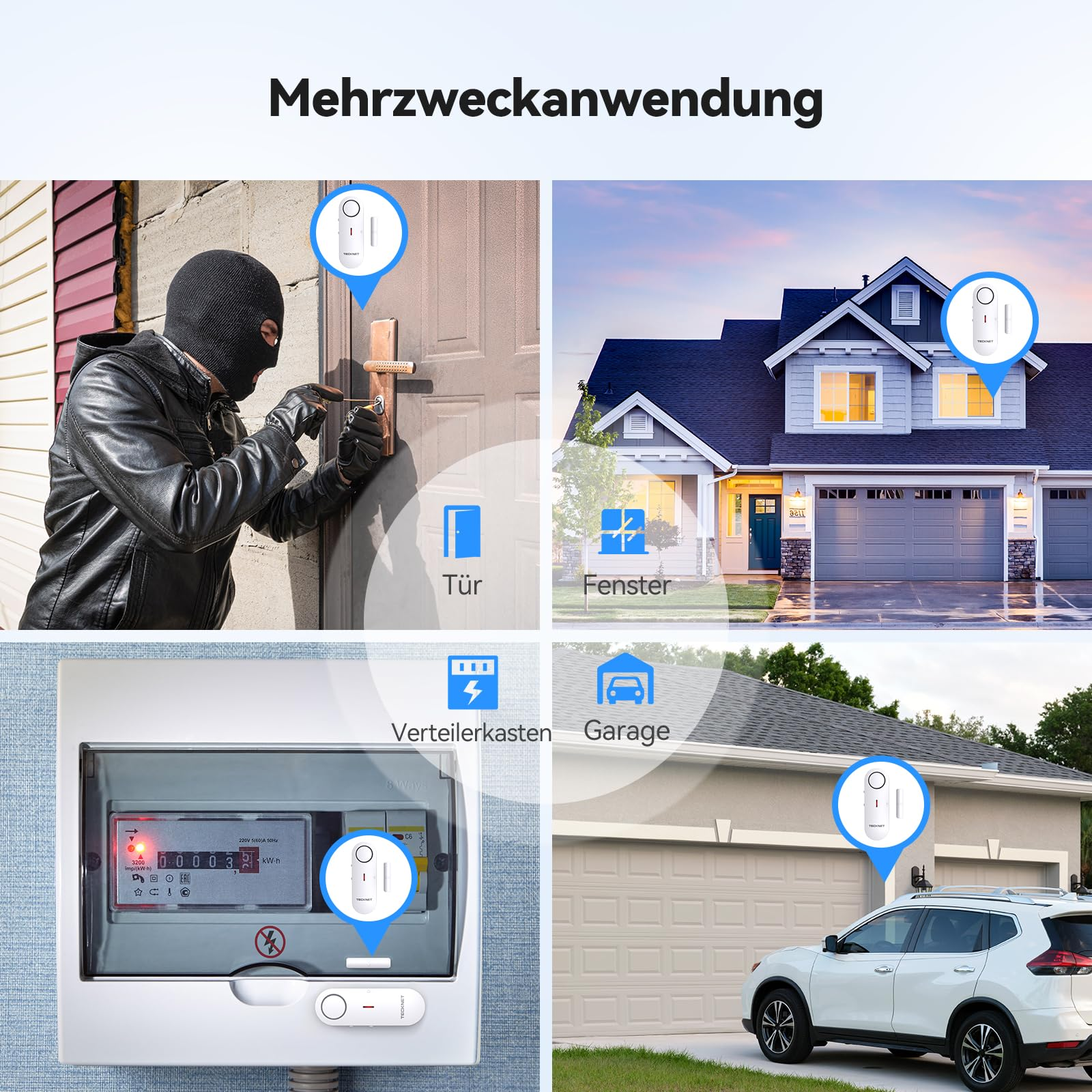 Quattro immagini mostrano sensori su porta, finestra, quadro elettrico e garage.