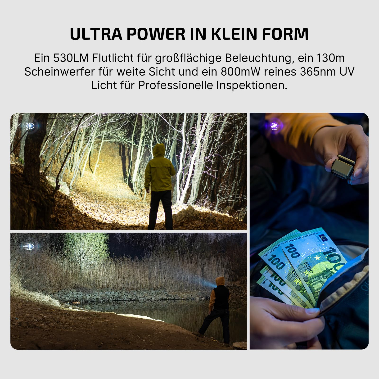 Collage montrant une lampe torche puissante en forêt, près d'une rivière et une lumière UV.