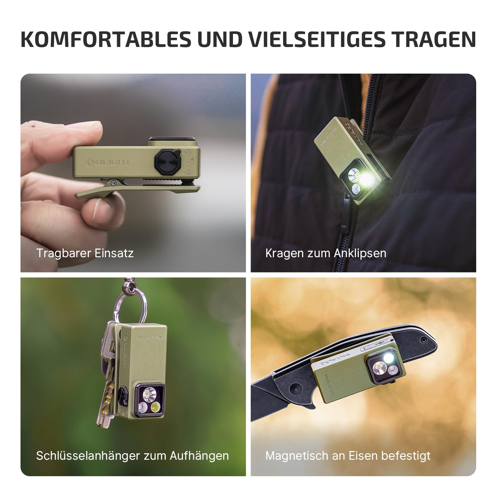 Quatre images montrent une mini lampe torche verte en usage : tenue, clipsée, sur un porte-clés et aimantée.
