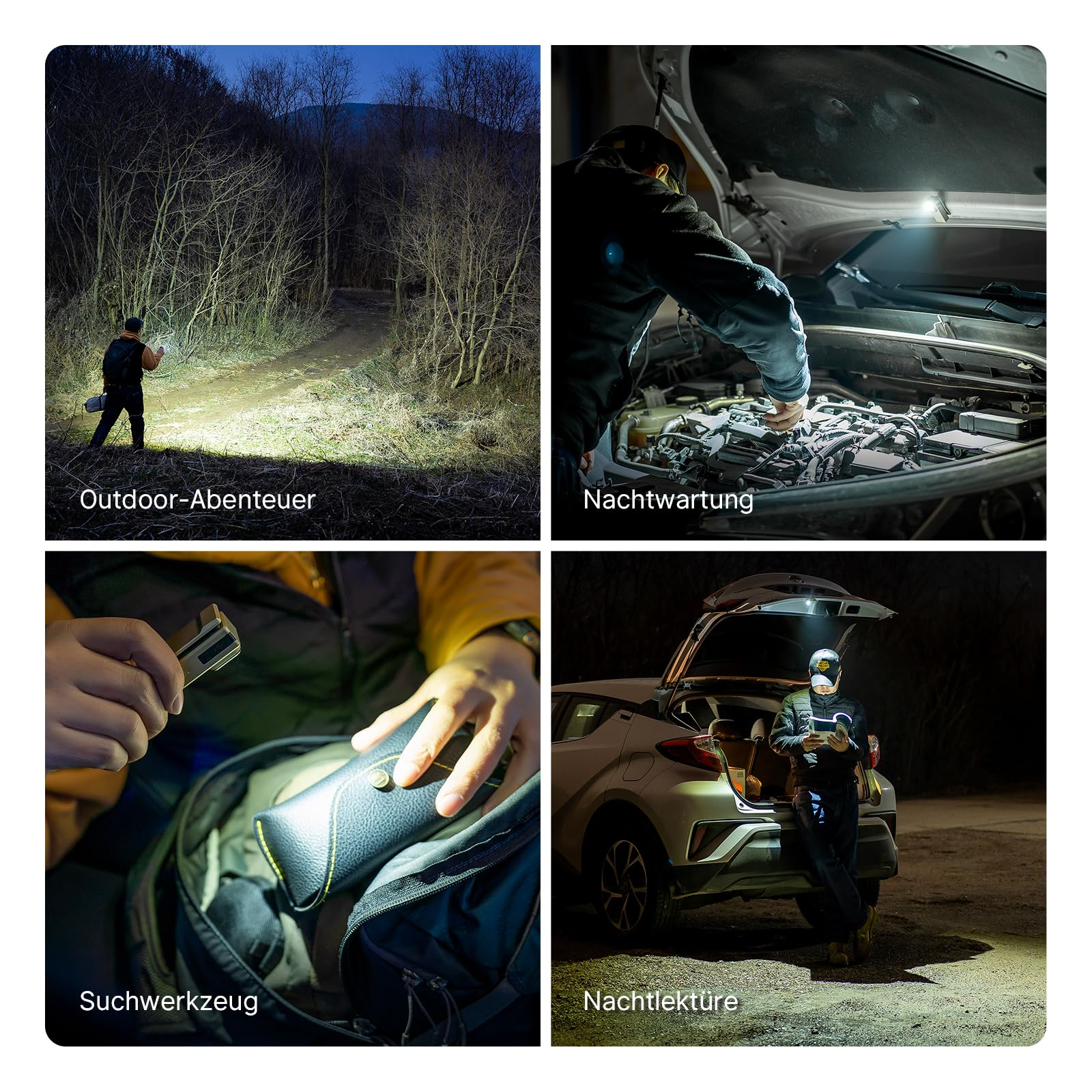 Quatre images montrent une lampe LED en action: en randonnée, en réparation auto, dans un sac et en lecture.