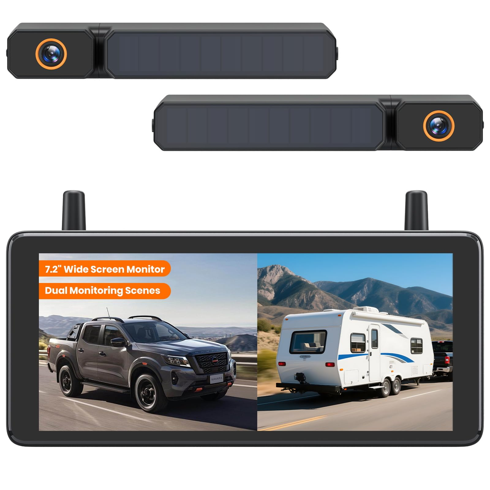 Ein 7,2-Zoll-Breitbildmonitor zeigt zwei Ansichten eines Pick-ups und eines Wohnwagens, mit zwei Solarkameras oben.
