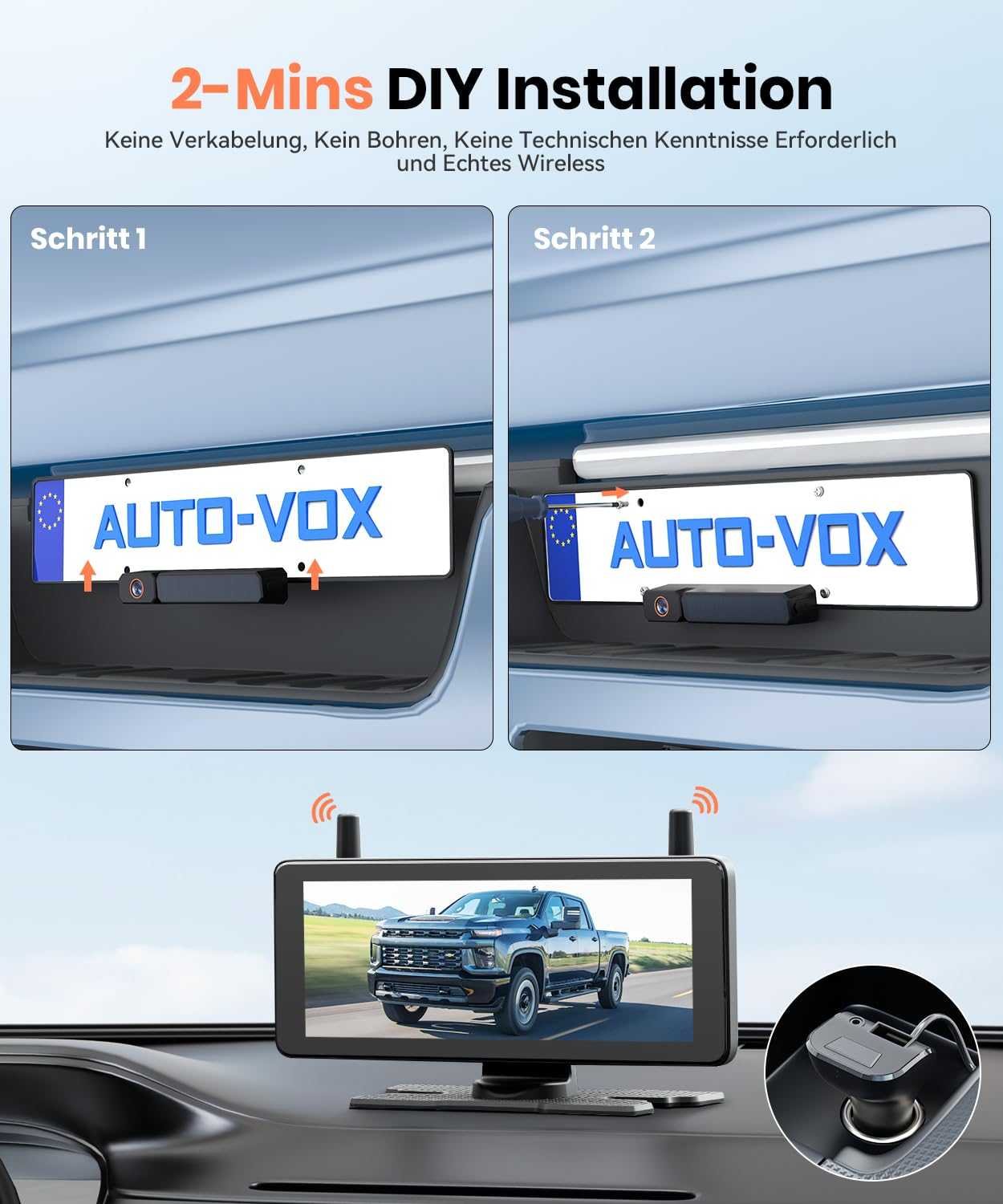 Anleitung zur einfachen DIY-Installation einer Auto-Vox-Rückfahrkamera an einem Nummernschild.