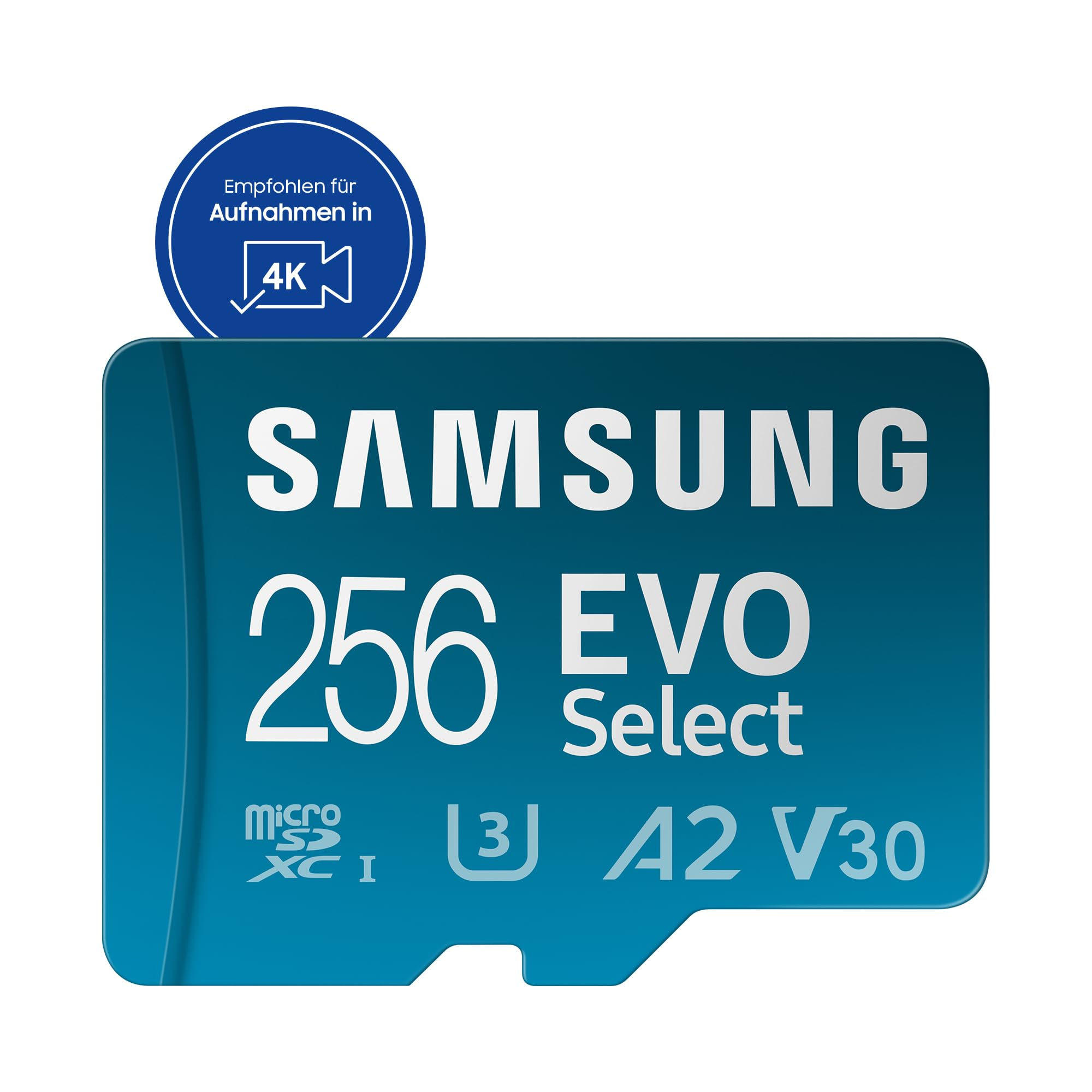 Blaue Samsung Evo Select 256GB MicroSD-Speicherkarte mit 4K-Badge.