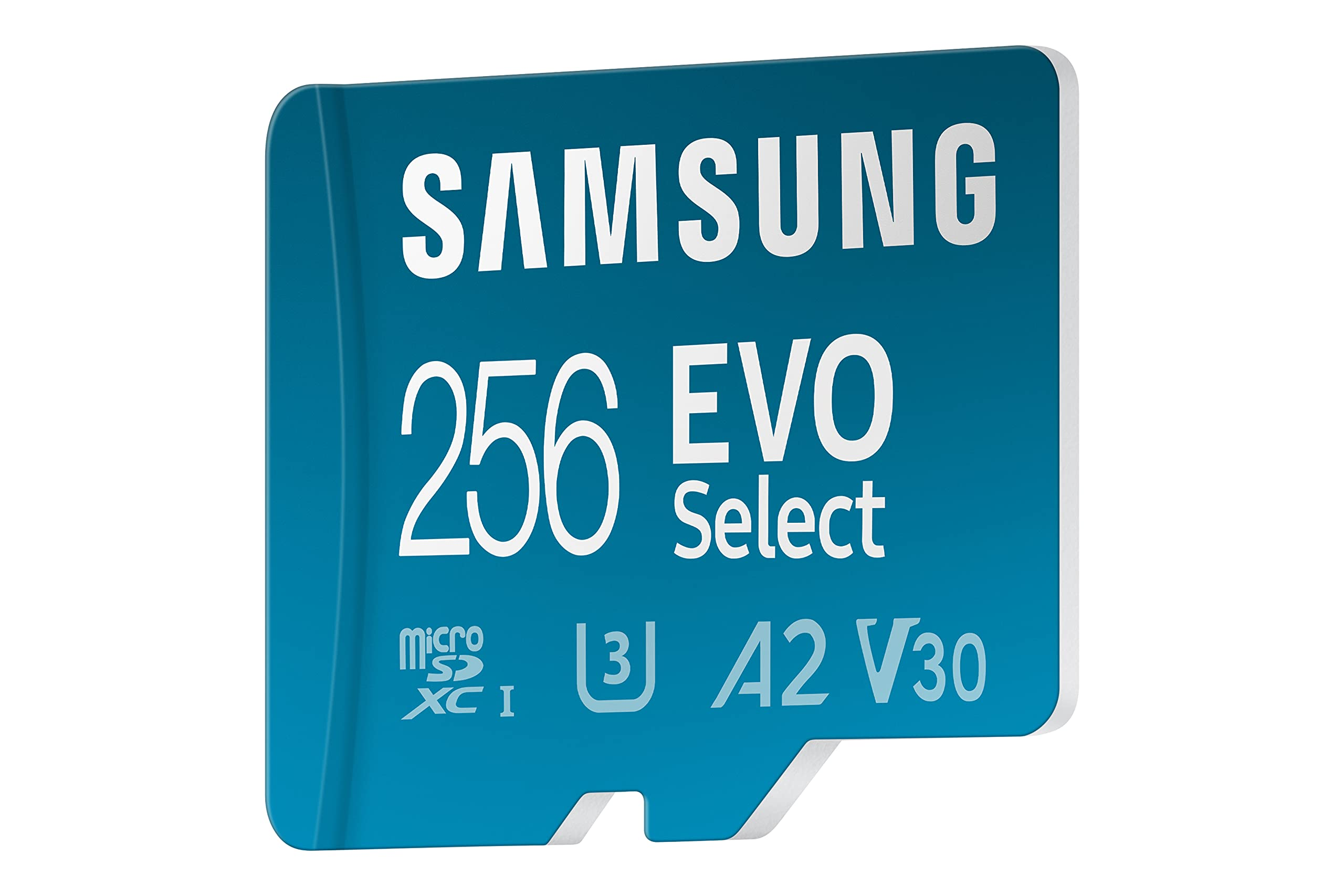 Eine blaue Samsung EVO Select 256GB Micro-SD-Karte mit weißem Text vor weißem Hintergrund.