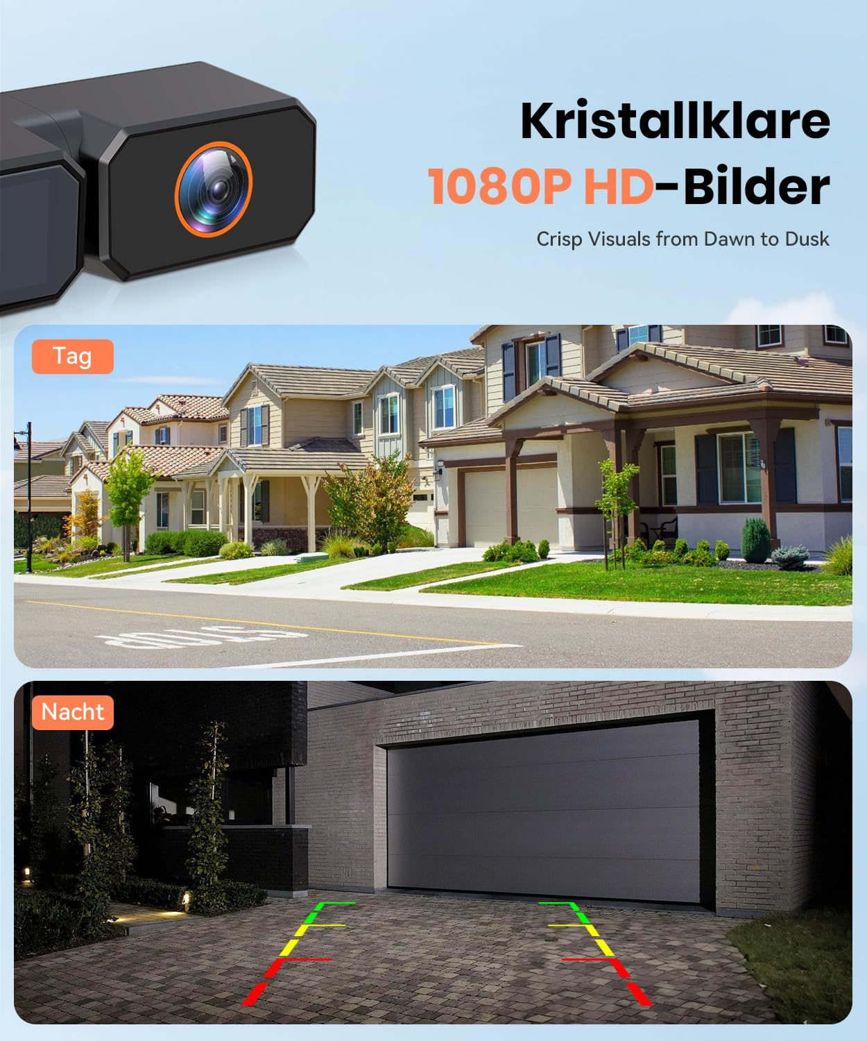Überwachungskamera mit HD-Bildern zeigt ein Wohngebiet bei Tag und eine Garage bei Nacht.